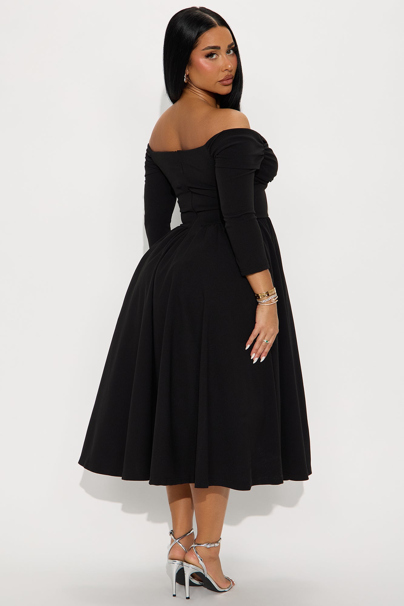 Abby Off Shoulder Crepe Knit Midi Dress - Black