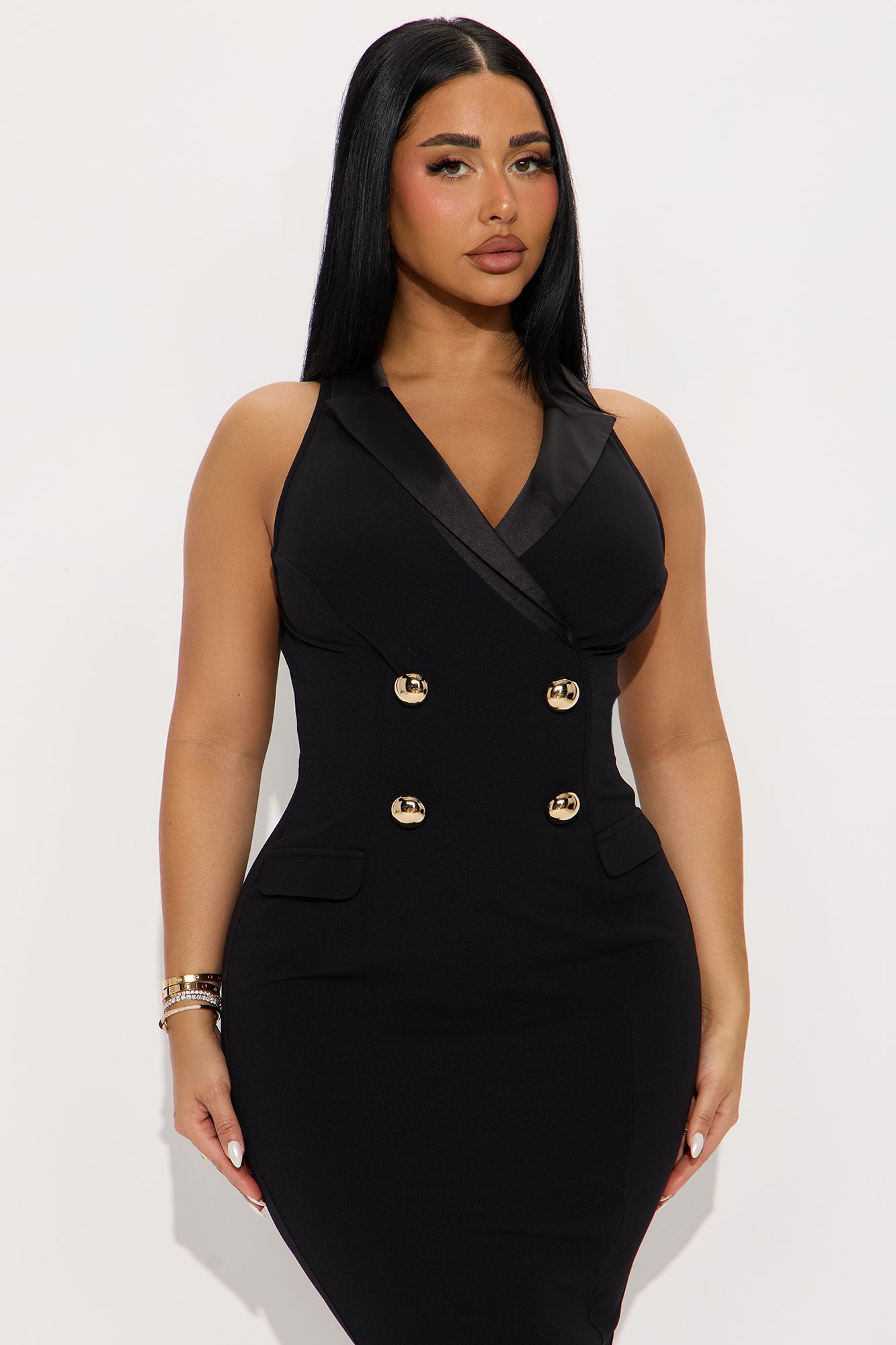 Mackenzie Double Breasted Crepe Knit Midi Dress - Black