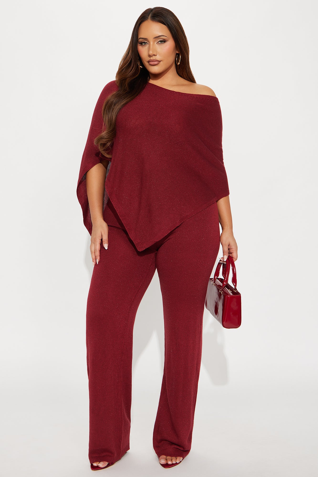Pauline Off Shoulder Draped Sweater Pant Set - Burgundy