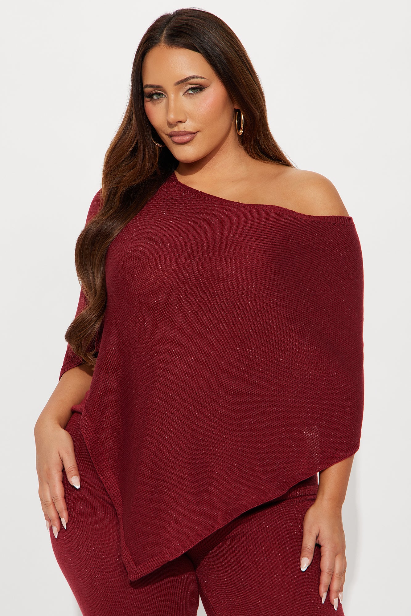 Pauline Off Shoulder Draped Sweater Pant Set - Burgundy