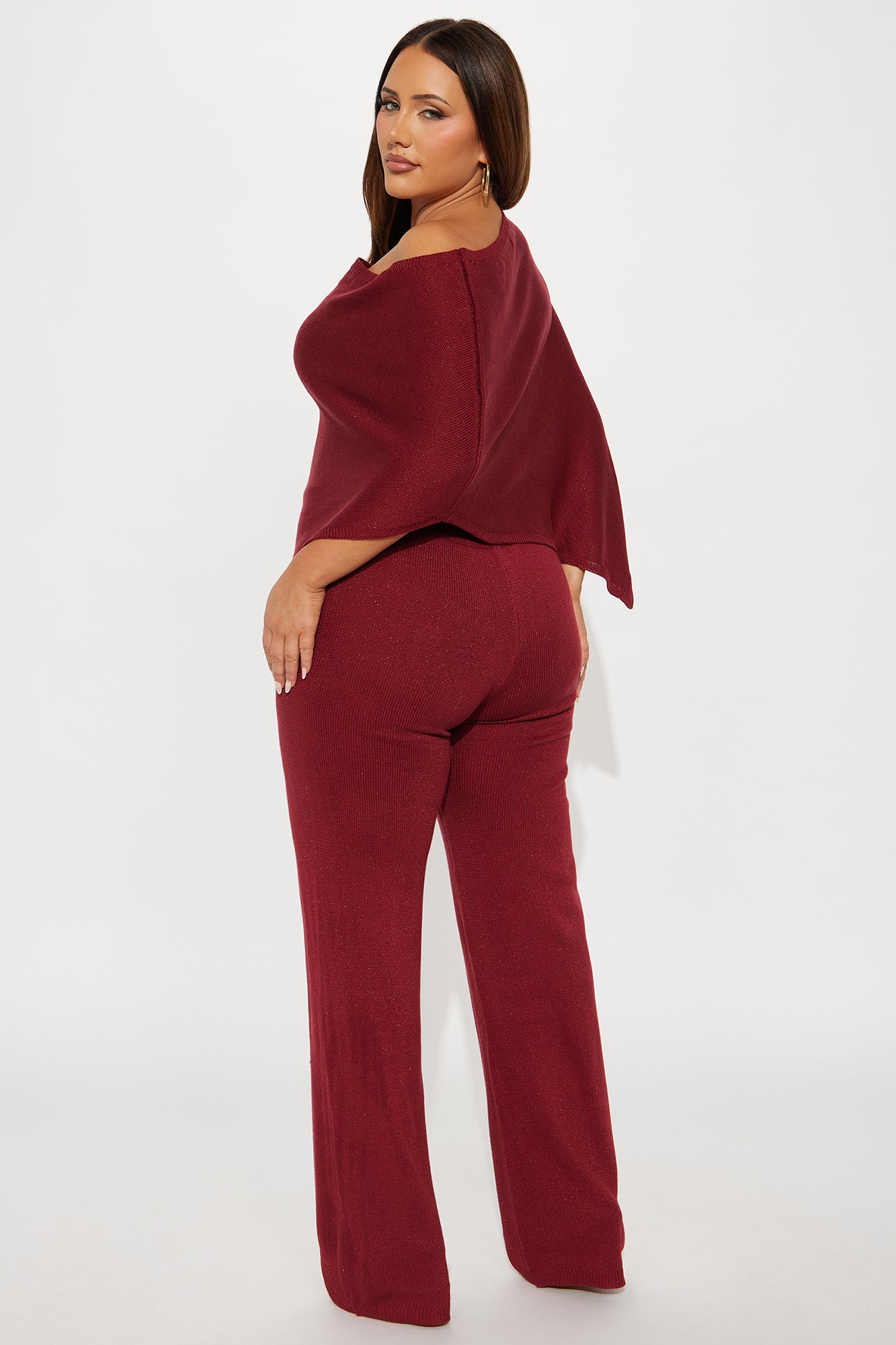 Pauline Off Shoulder Draped Sweater Pant Set - Burgundy
