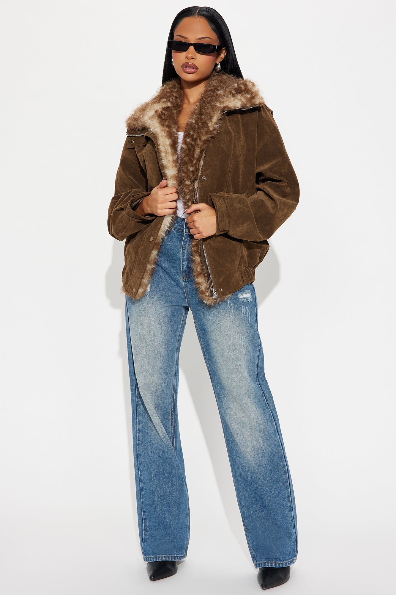 No Closure Faux Suede Oversized Jacket - Brown
