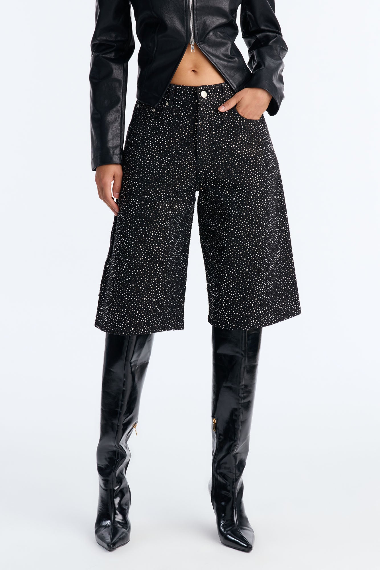 Money Sparkles Rhinestone Embellished Denim Jorts - Black