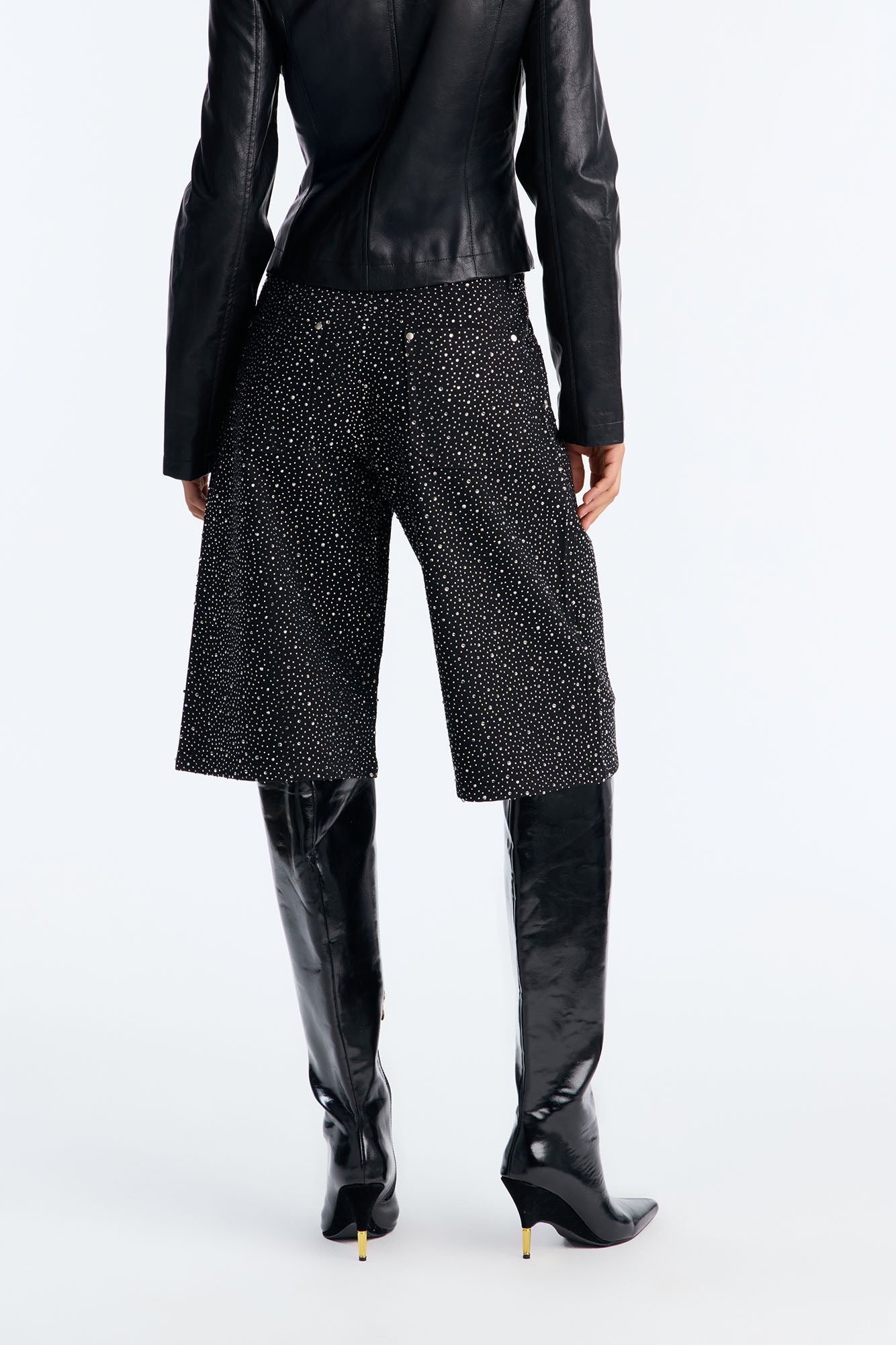 Money Sparkles Rhinestone Embellished Denim Jorts - Black