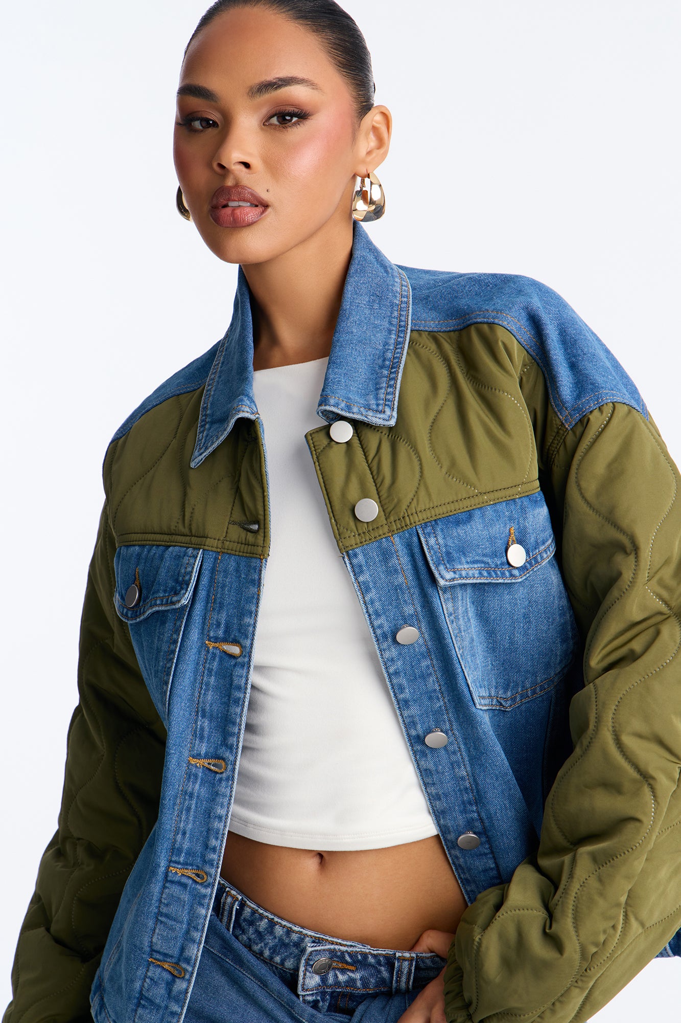 Hadley Quilted Fabric Mix Trucker Jacket - Olive/combo