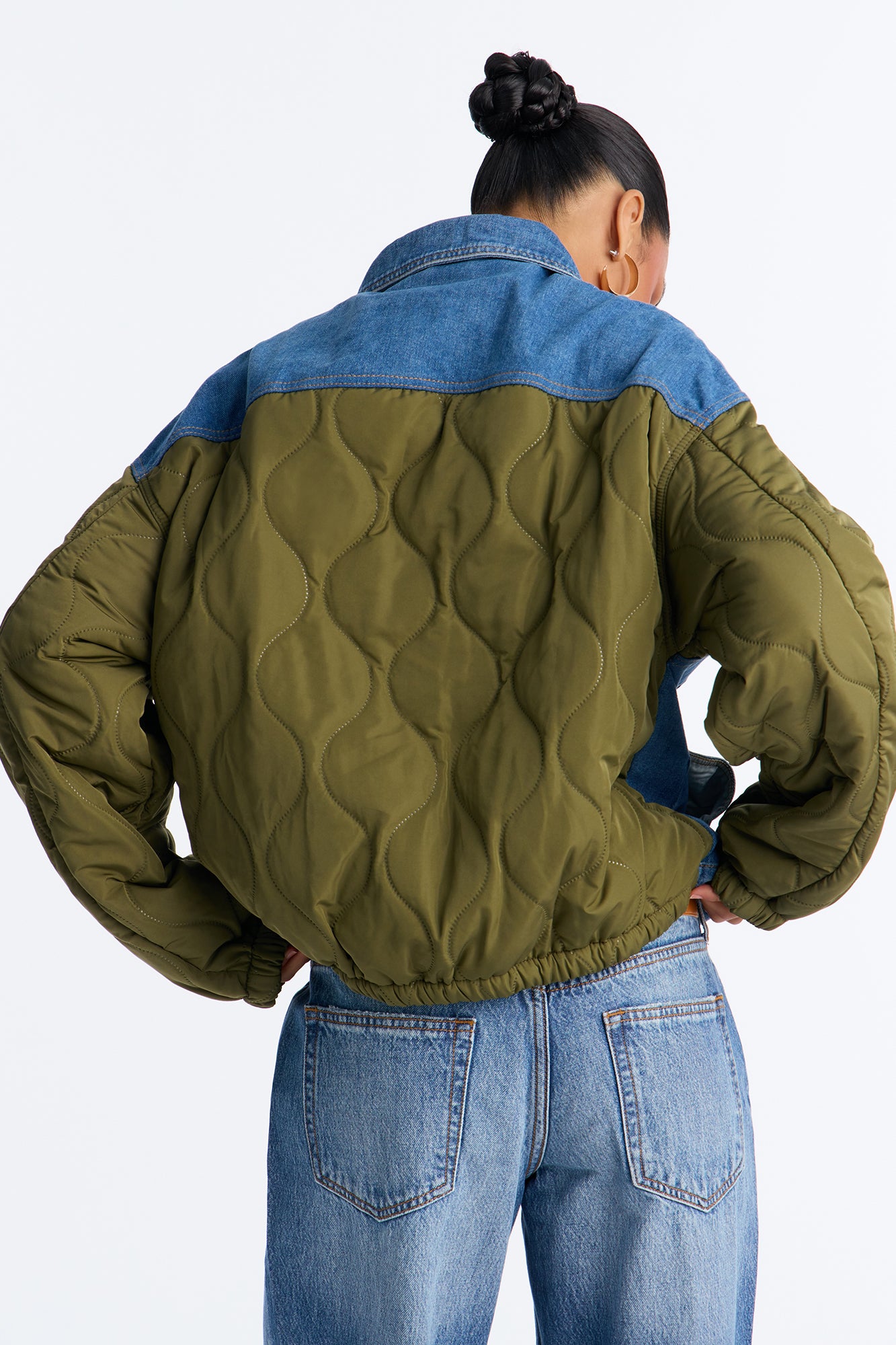Hadley Quilted Fabric Mix Trucker Jacket - Olive/combo