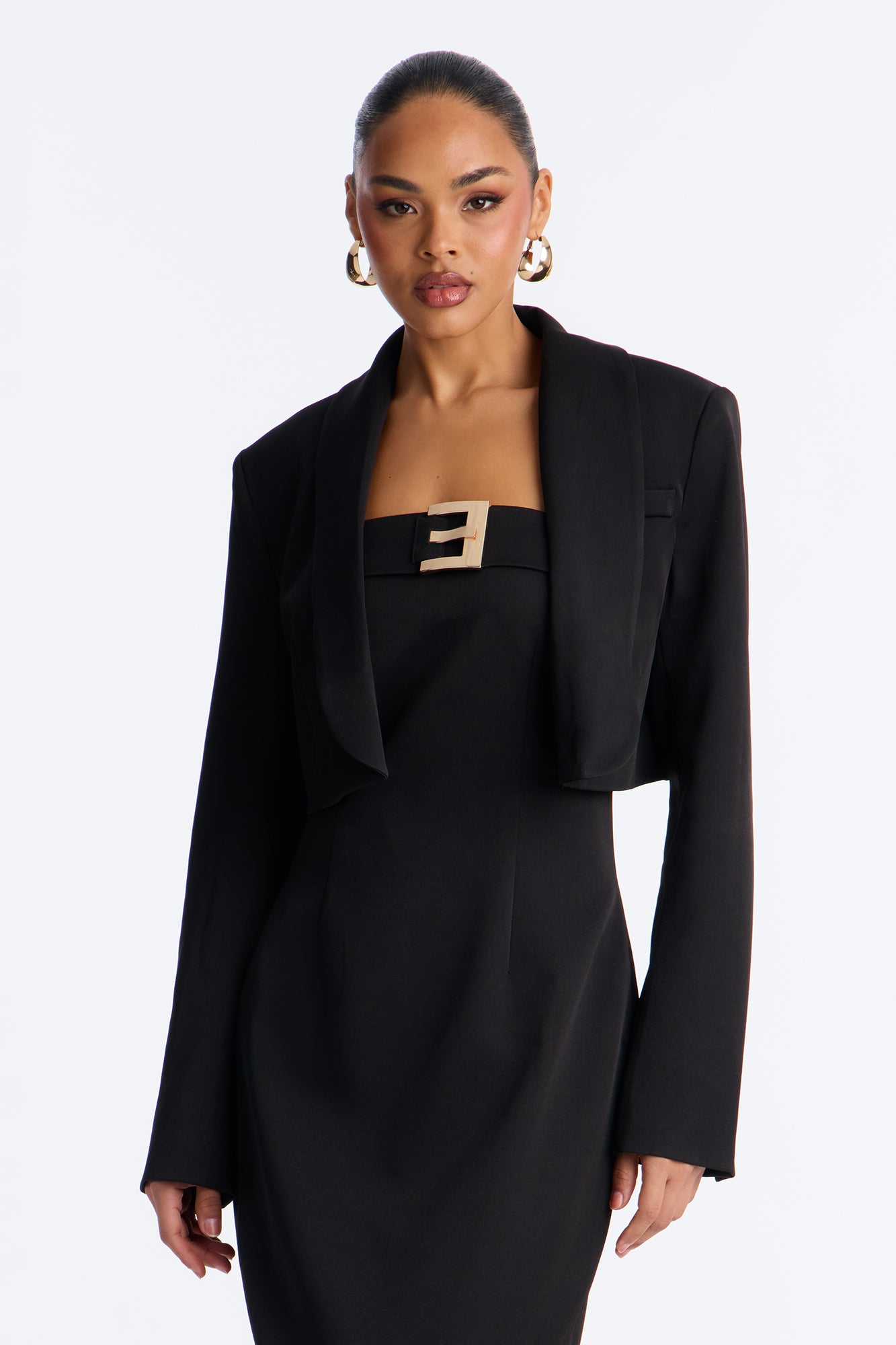 Suit Yourself Strapless Crepe Woven Midi Dress Set - Black