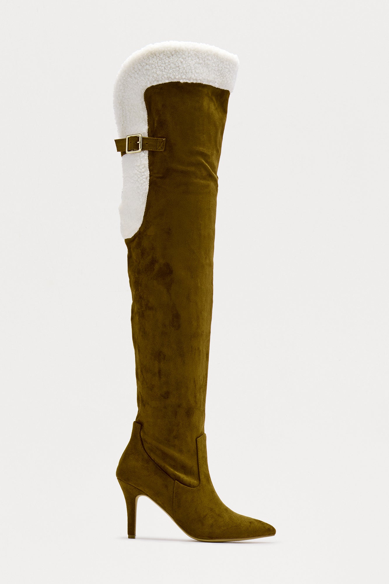 Sela Fur Trim Thigh High Boots - Olive