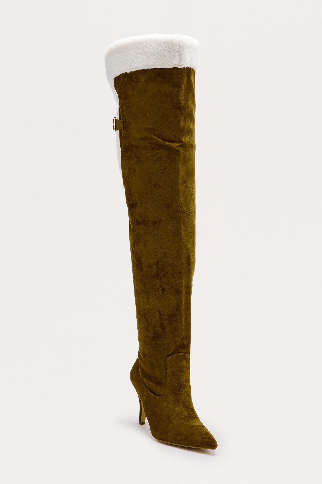 Sela Fur Trim Thigh High Boots - Olive