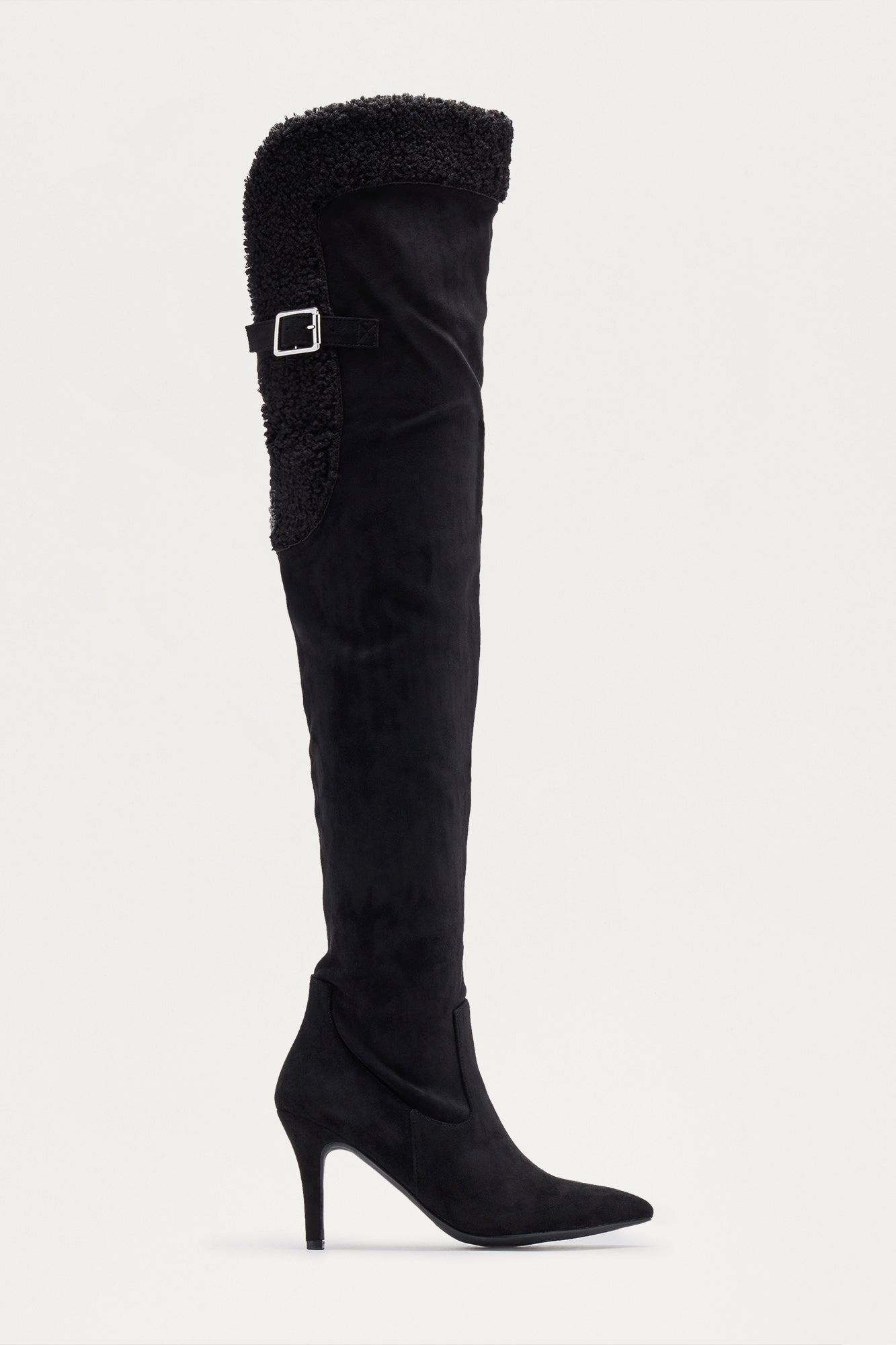 Sela Fur Trim Thigh High Boots - Black