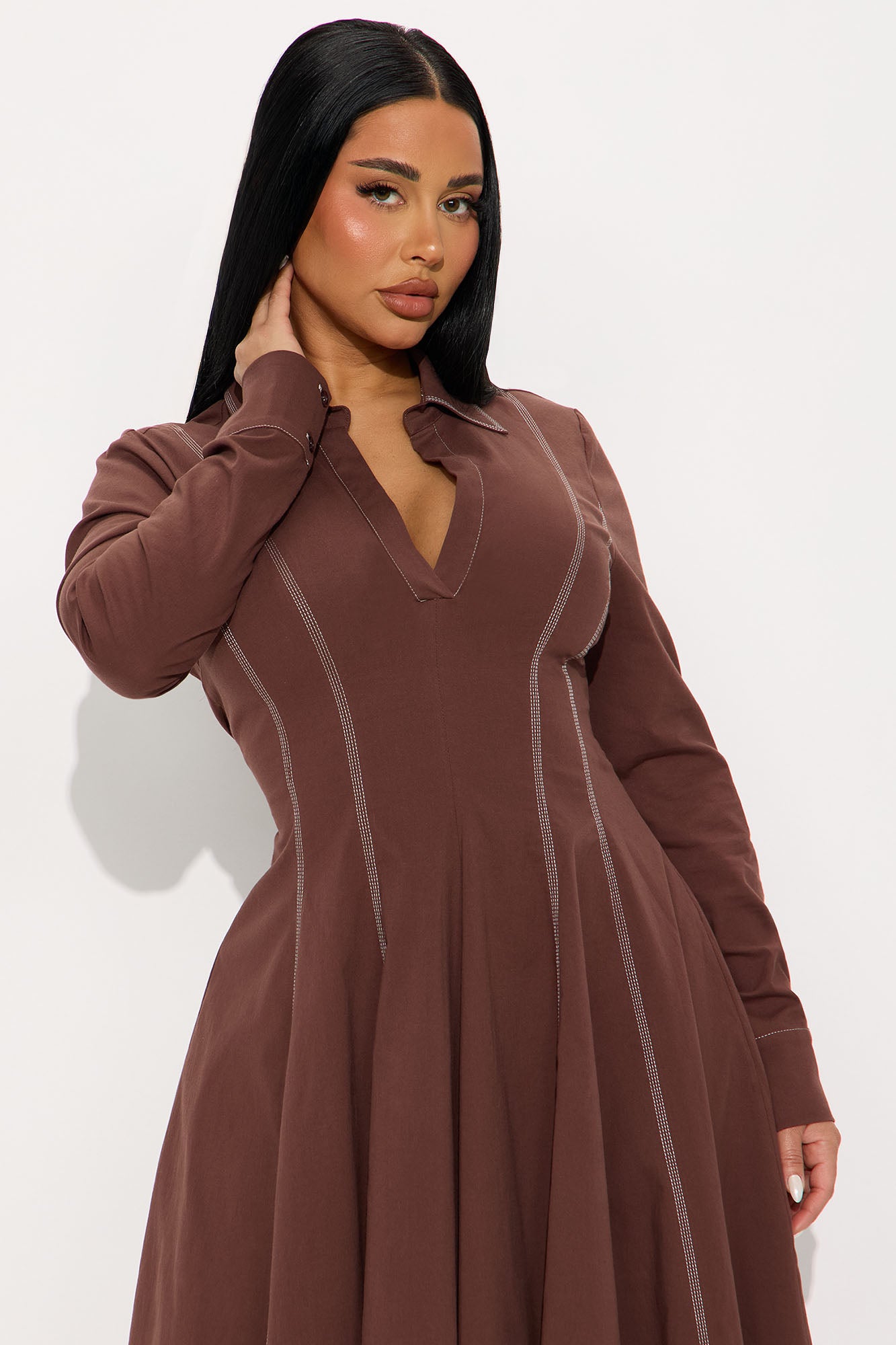 Prim Collared Long Sleeve Midi Dress - Chocolate