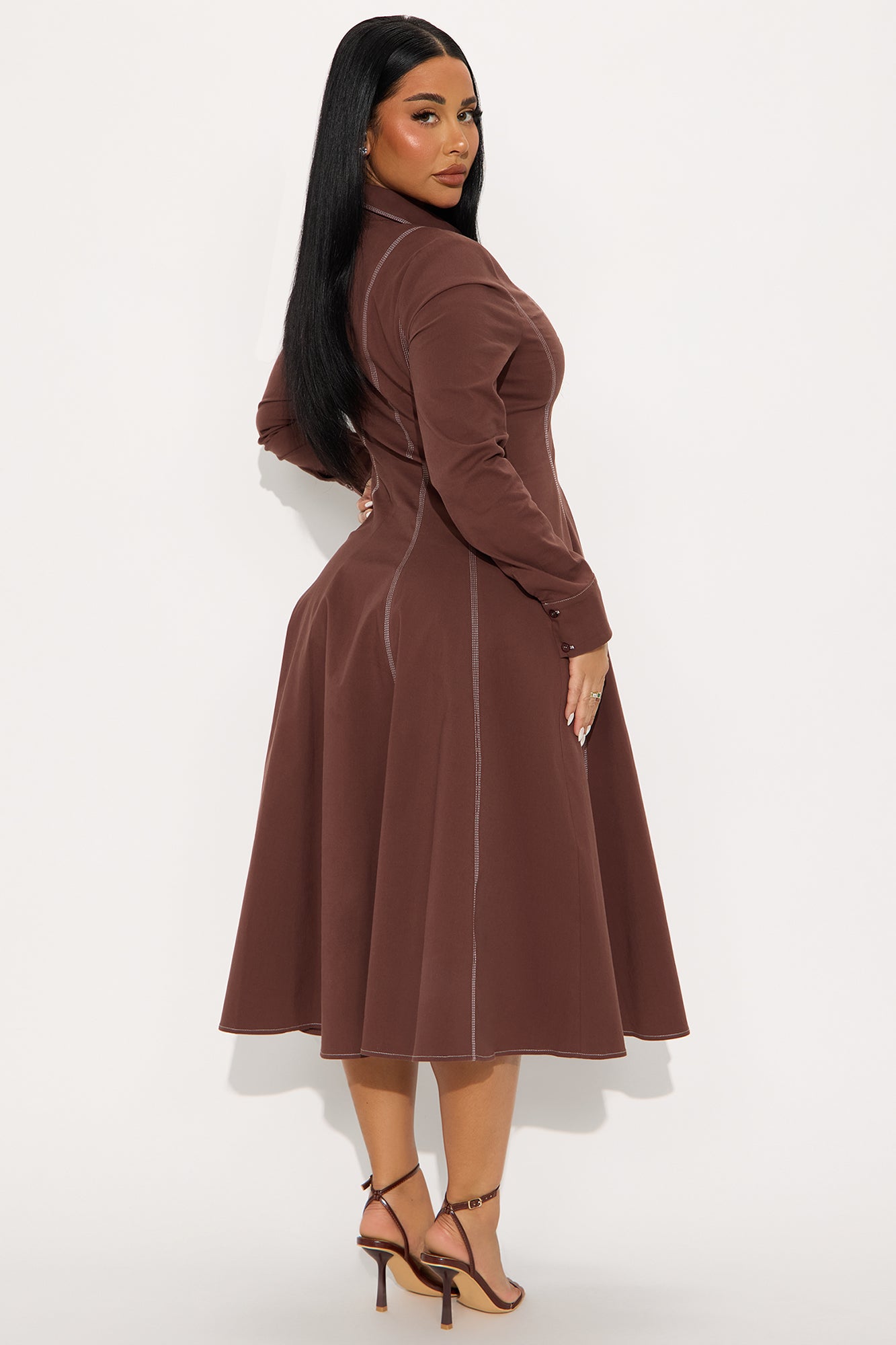Prim Collared Long Sleeve Midi Dress - Chocolate