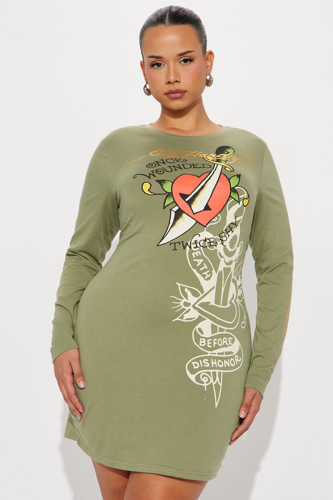 Ed Hardy Dagger Heart Long Sleeve Mini Dress - Olive