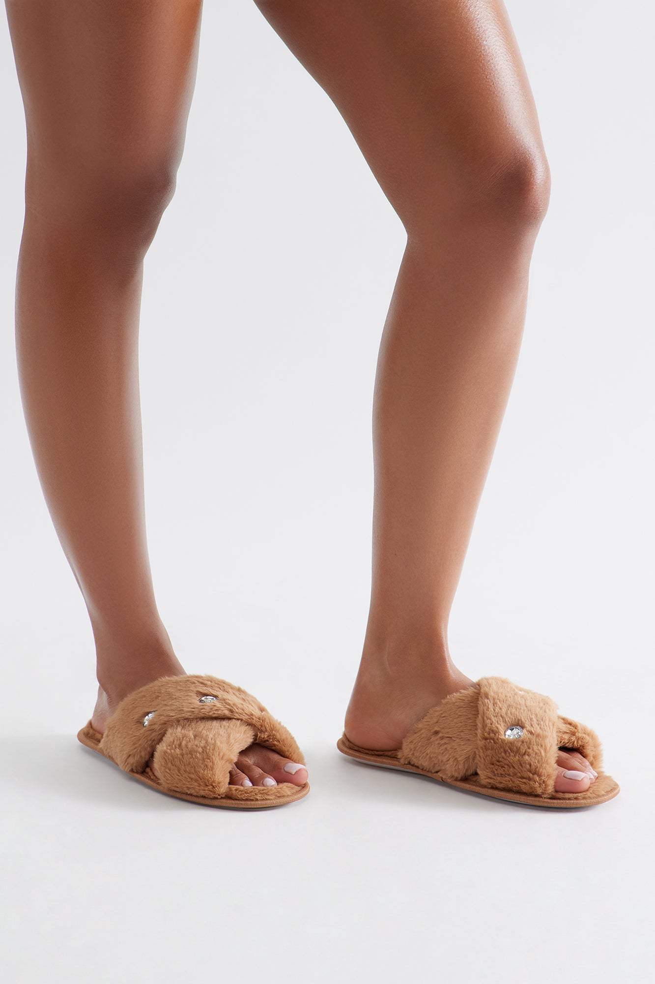 Piper Rhinestone Faux Fur Slippers - Camel