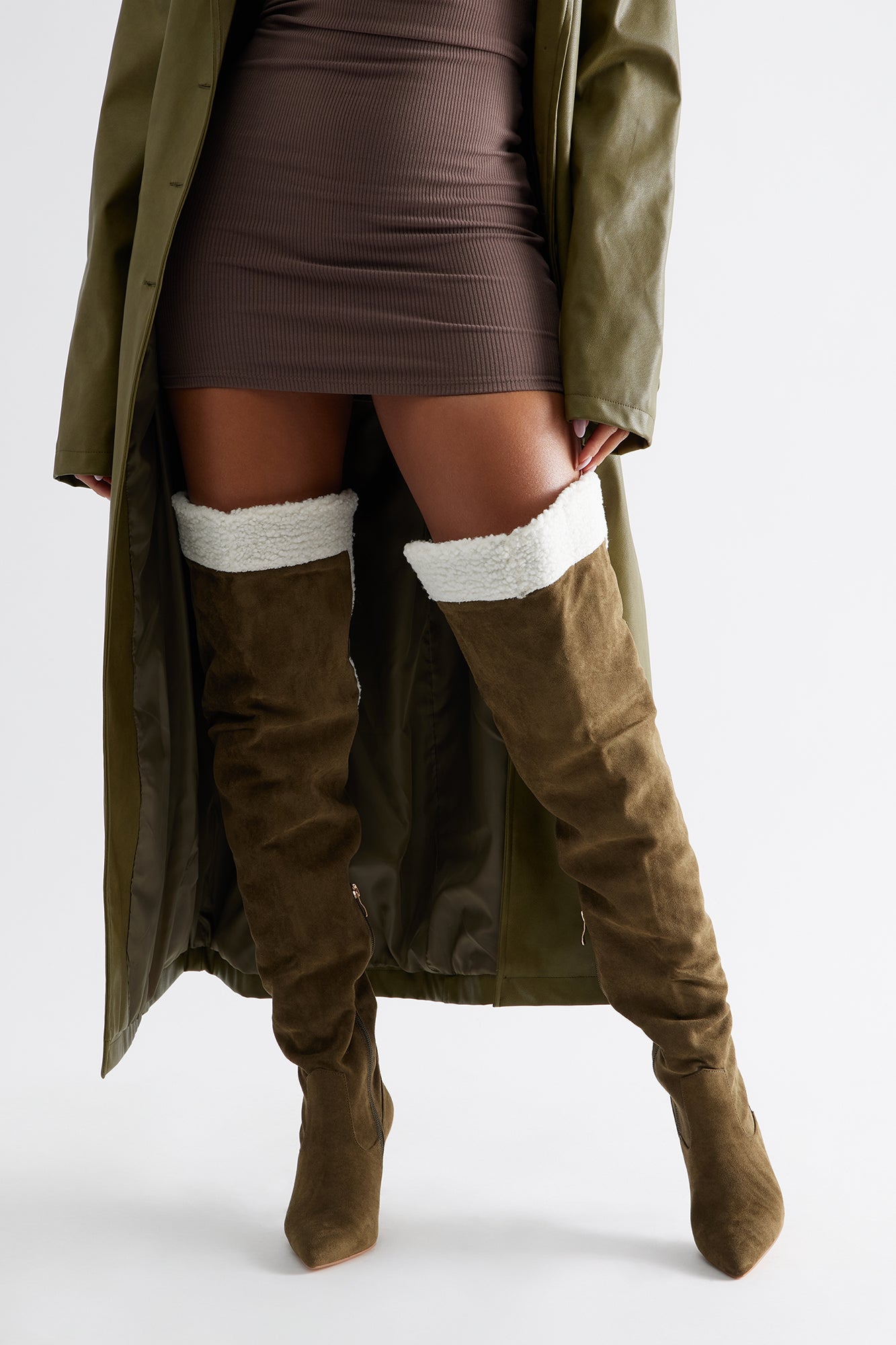 Sela Fur Trim Thigh High Boots - Olive