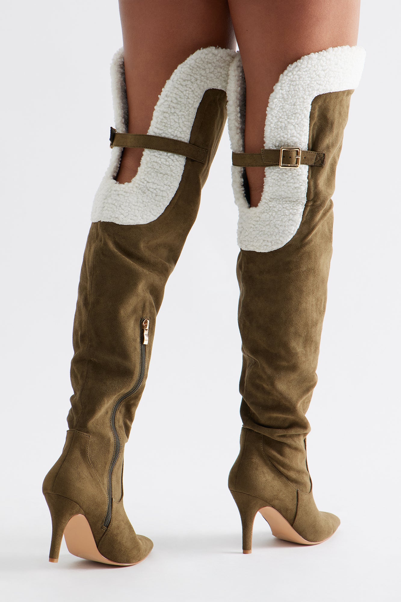 Sela Fur Trim Thigh High Boots - Olive