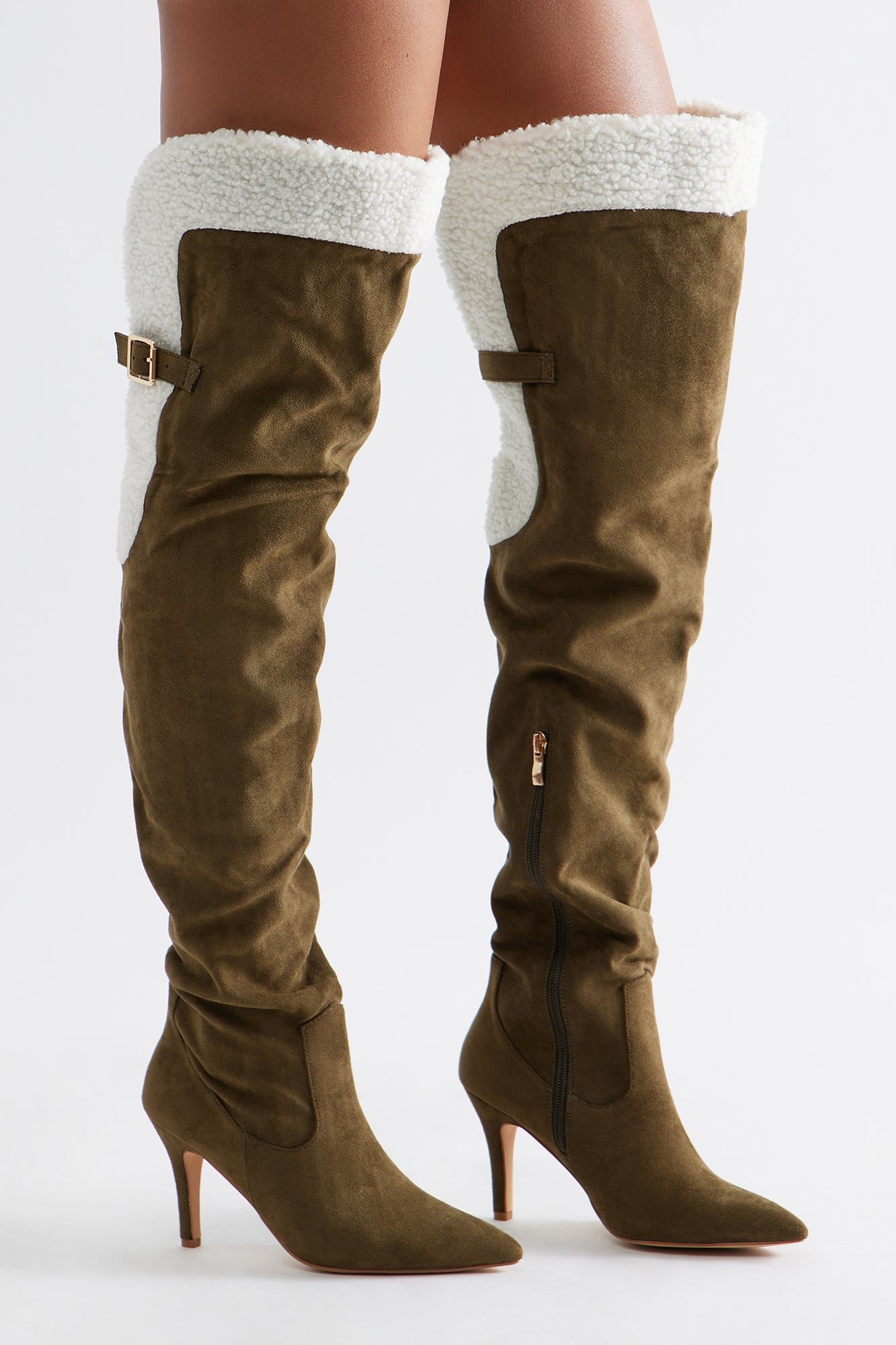 Sela Fur Trim Thigh High Boots - Olive