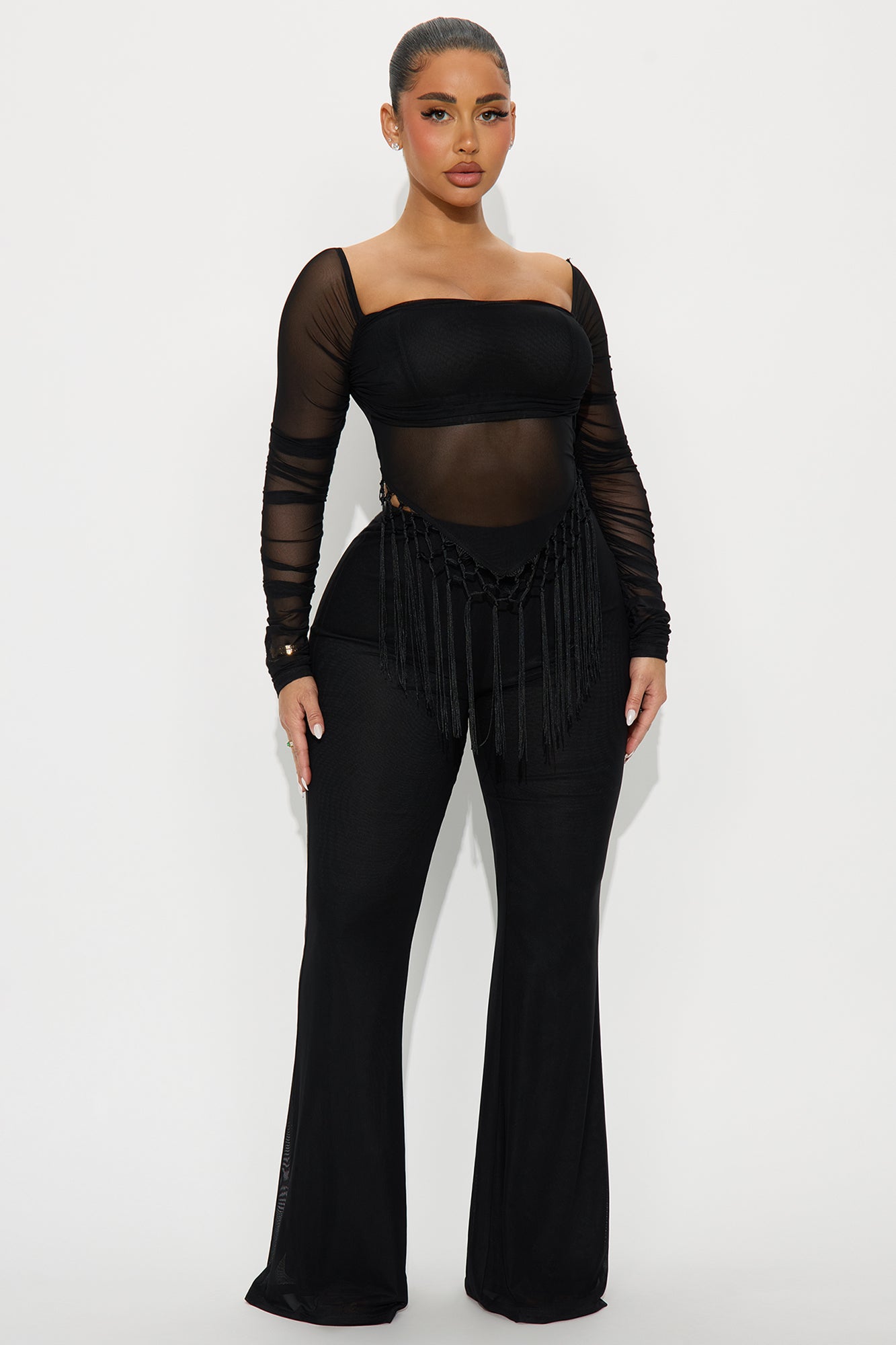 Fringe Desires Mesh Off Shoulder Pant Set - Black