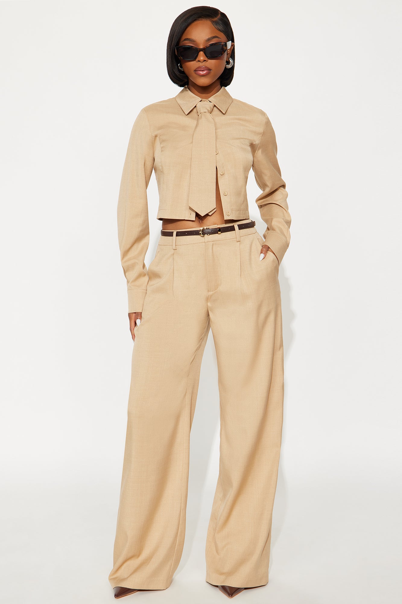 Beverly 3 Piece Necktie Belted Pant Set - Khaki