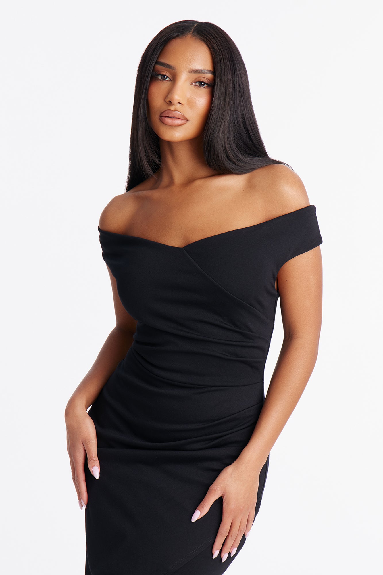 Josephine Off Shoulder Ponte Midi Dress - Black