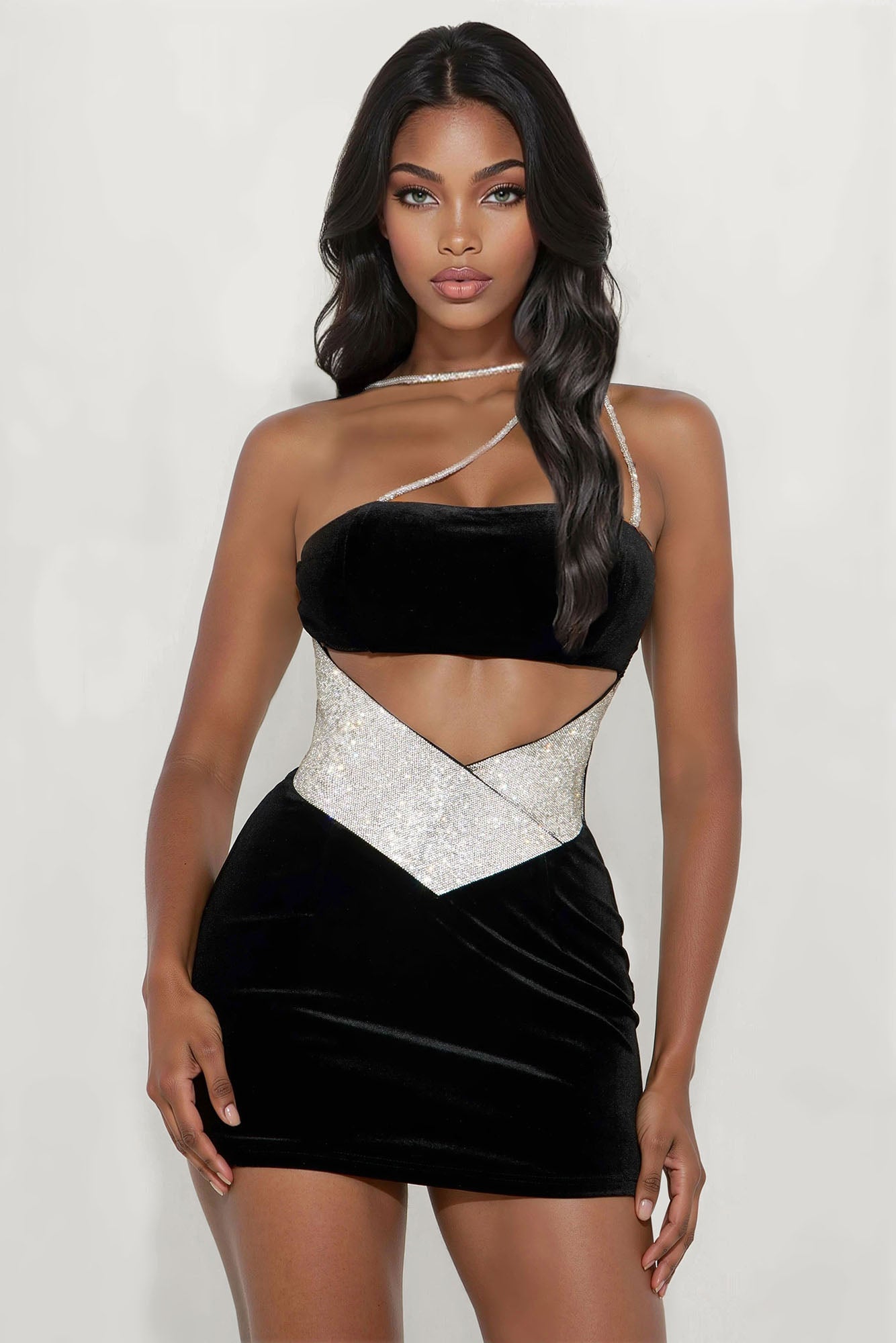 Nylah Rhinestone Trim Velvet Mini Dress - Black