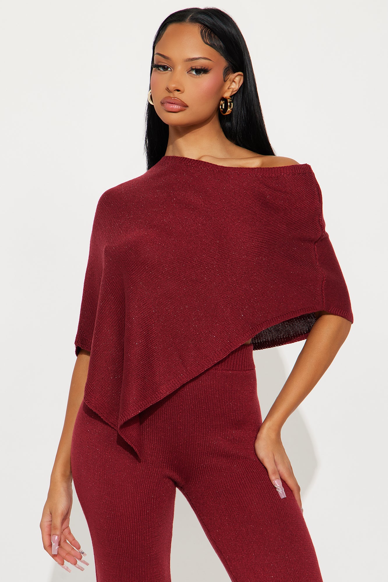 Pauline Off Shoulder Draped Sweater Pant Set - Burgundy