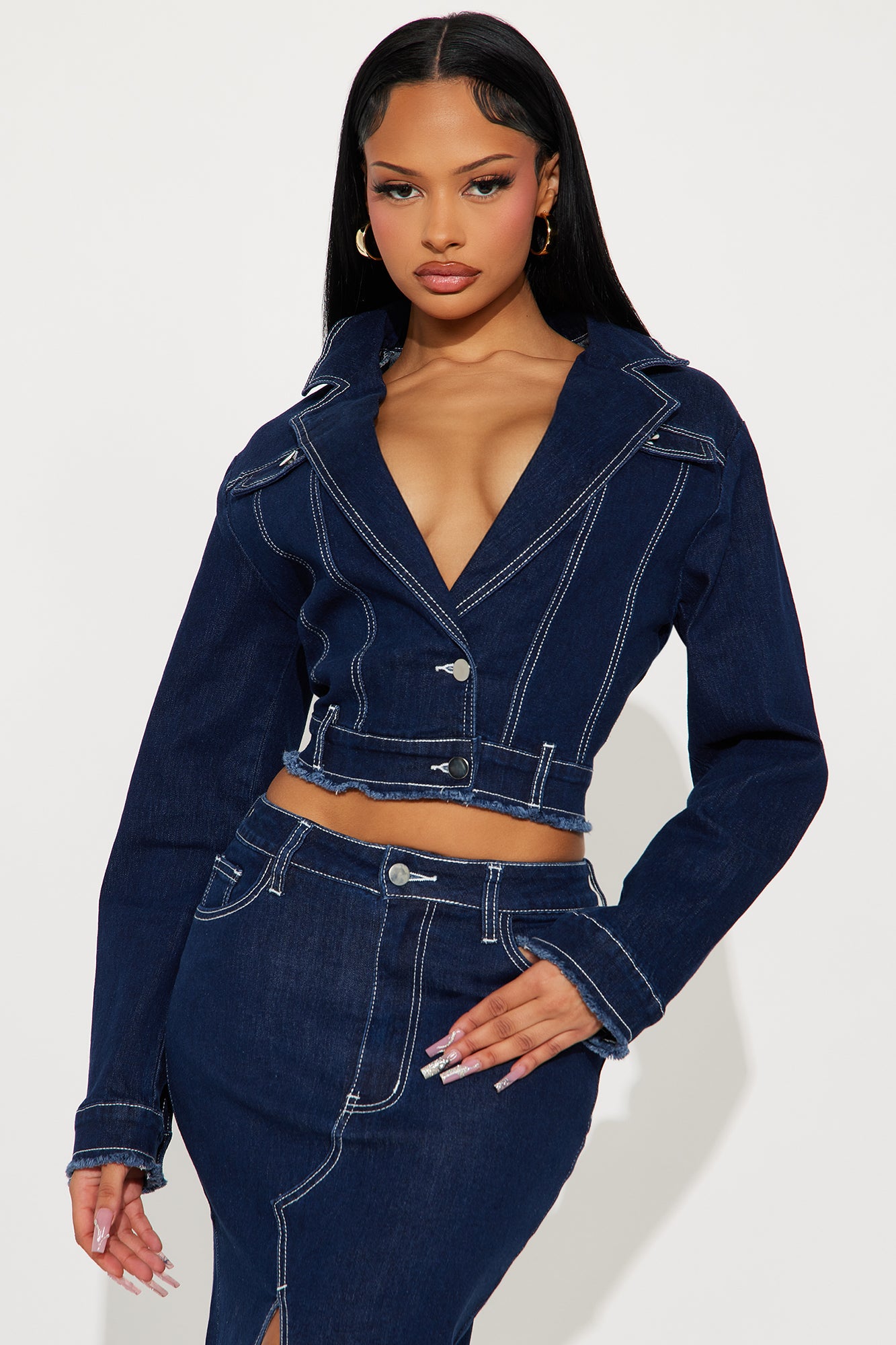 Midnight Mood Denim Trench Mini Skirt Set - Dark Wash