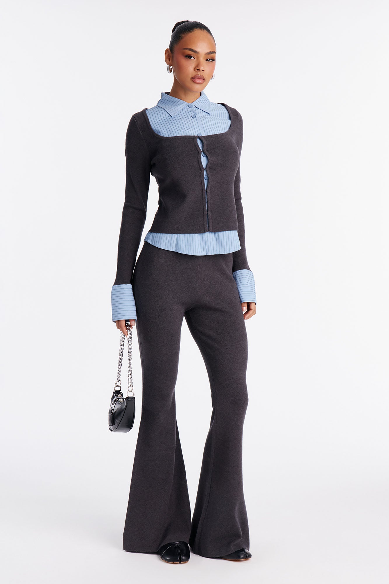 Double Take Pinstripe Sweater Pant Set - Grey