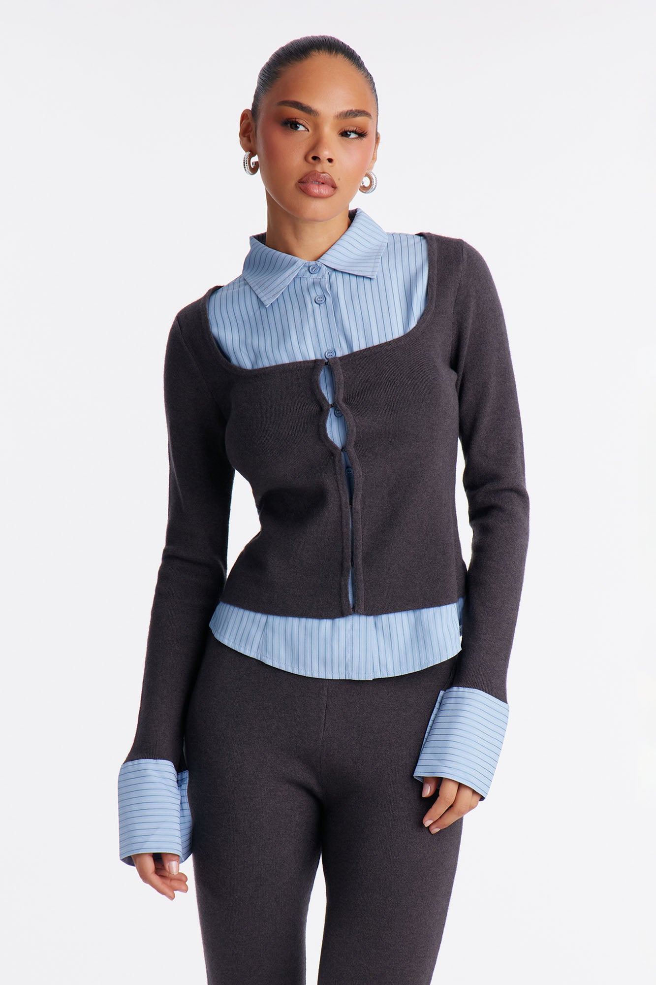 Double Take Pinstripe Sweater Pant Set - Grey