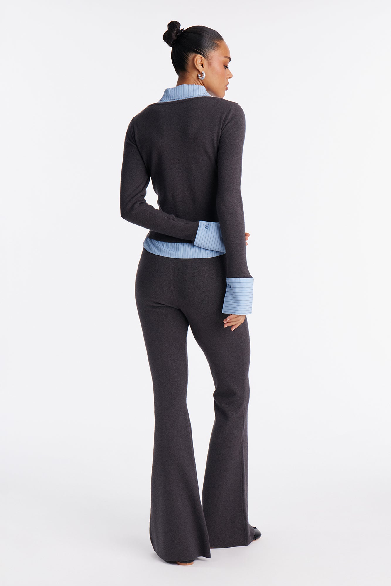 Double Take Pinstripe Sweater Pant Set - Grey