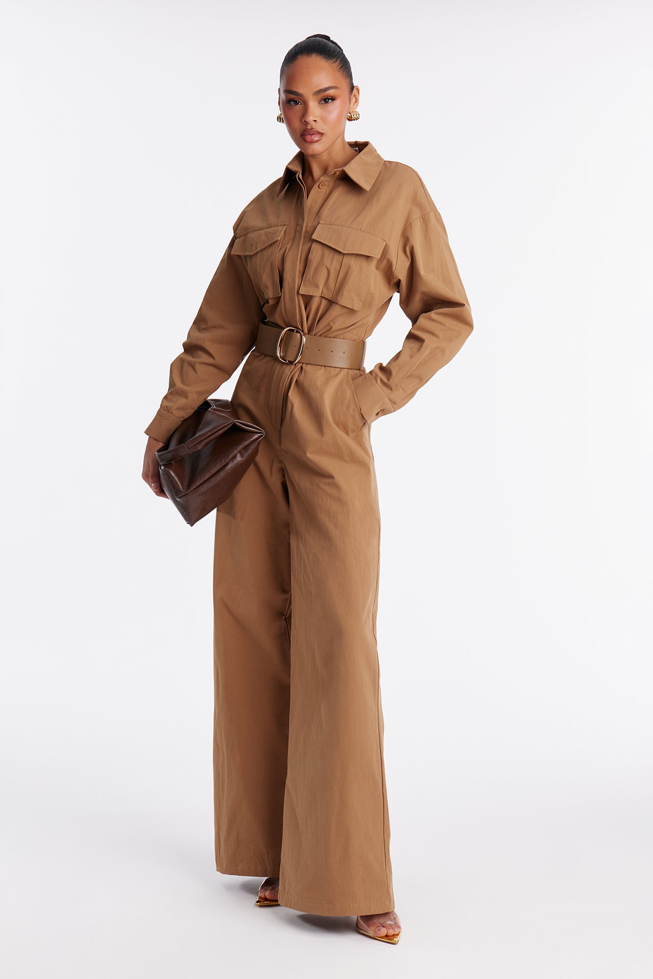 Antionette Belted Wide Leg Jumpsuit - Khaki