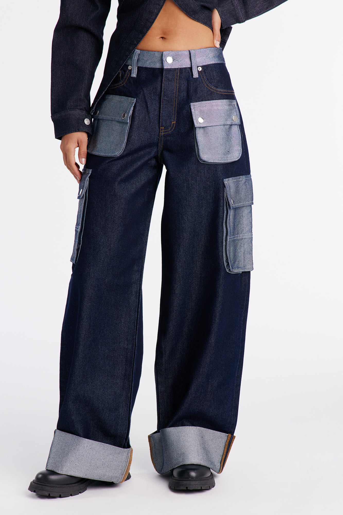 On My Grind Cuffed Cargo Jeans - Dark Wash