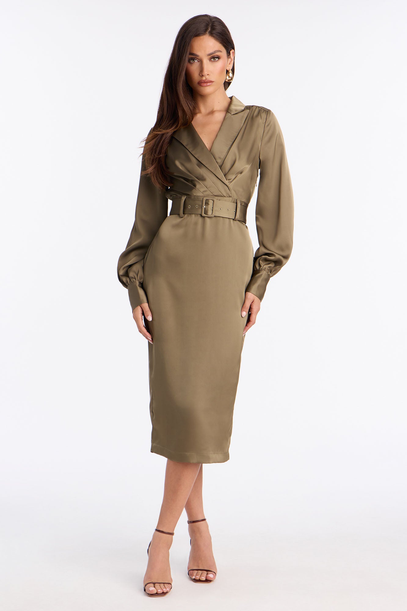 Braylynn Belted Satin Midi Dress - Sage