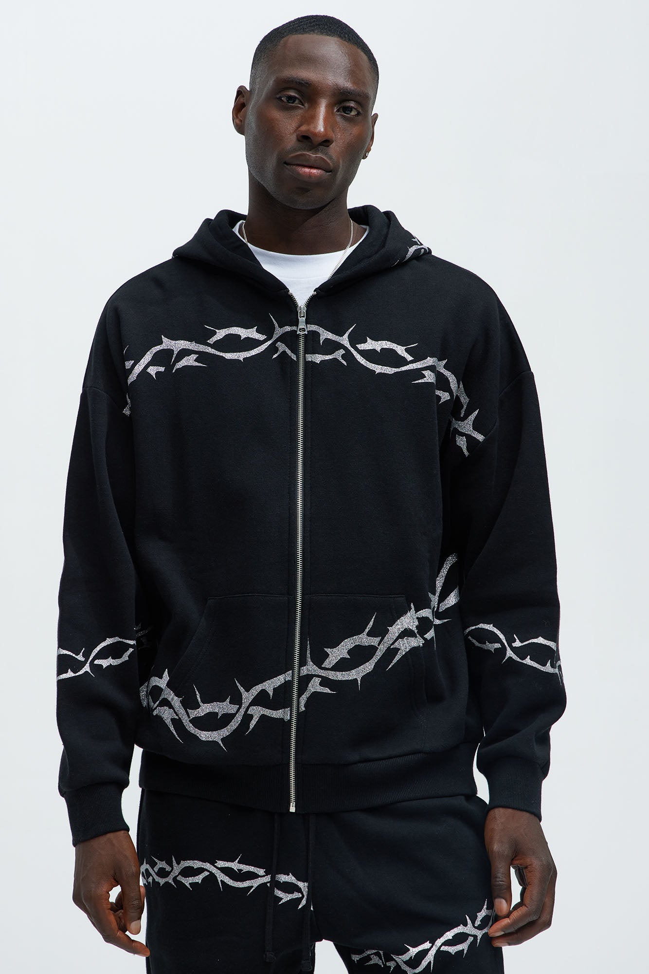 Tayson Barbed Wire Oversized Zip Hoodie - Black