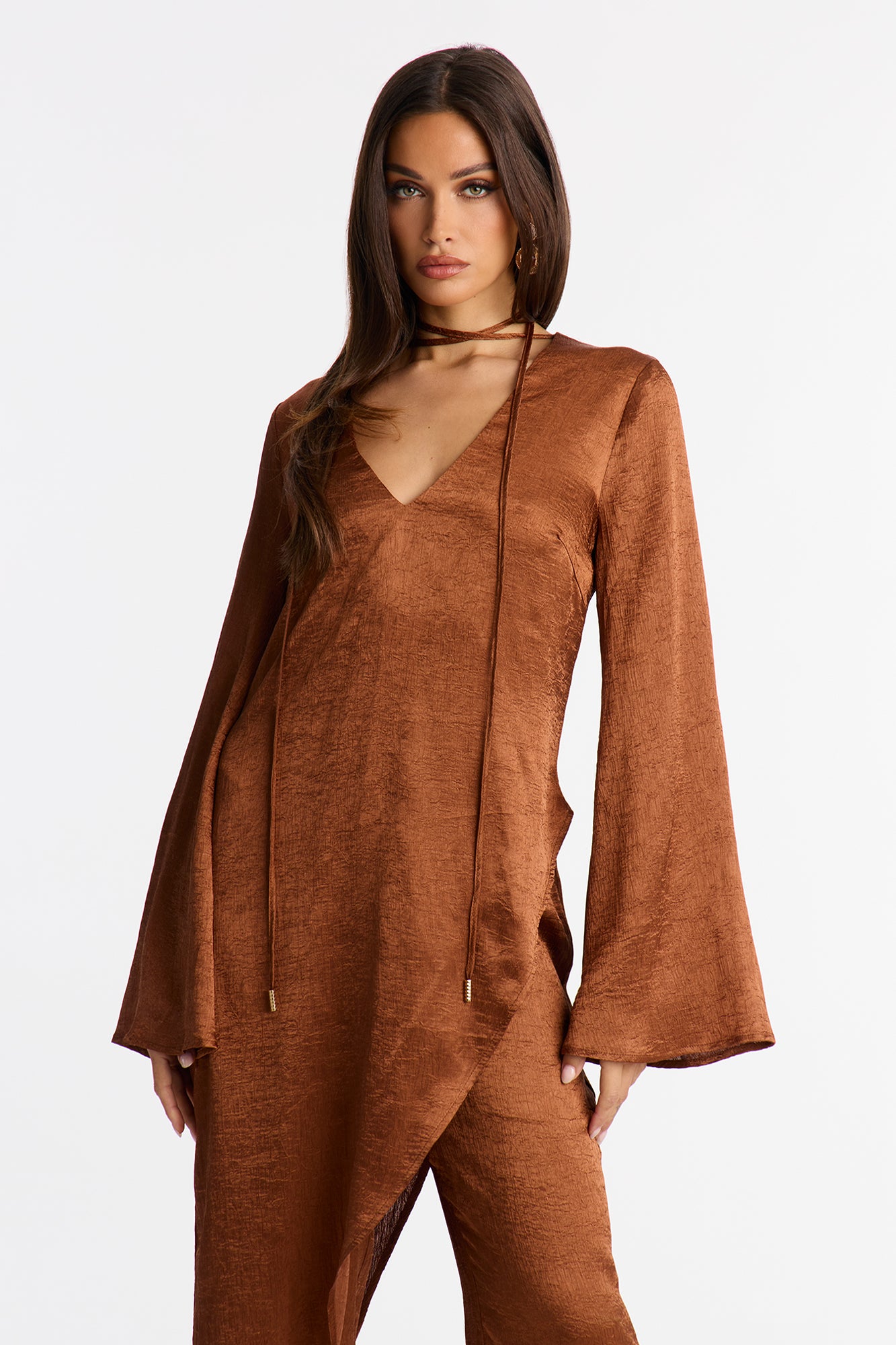 Clara Asymmetrical Satin Pant Set - Bronze