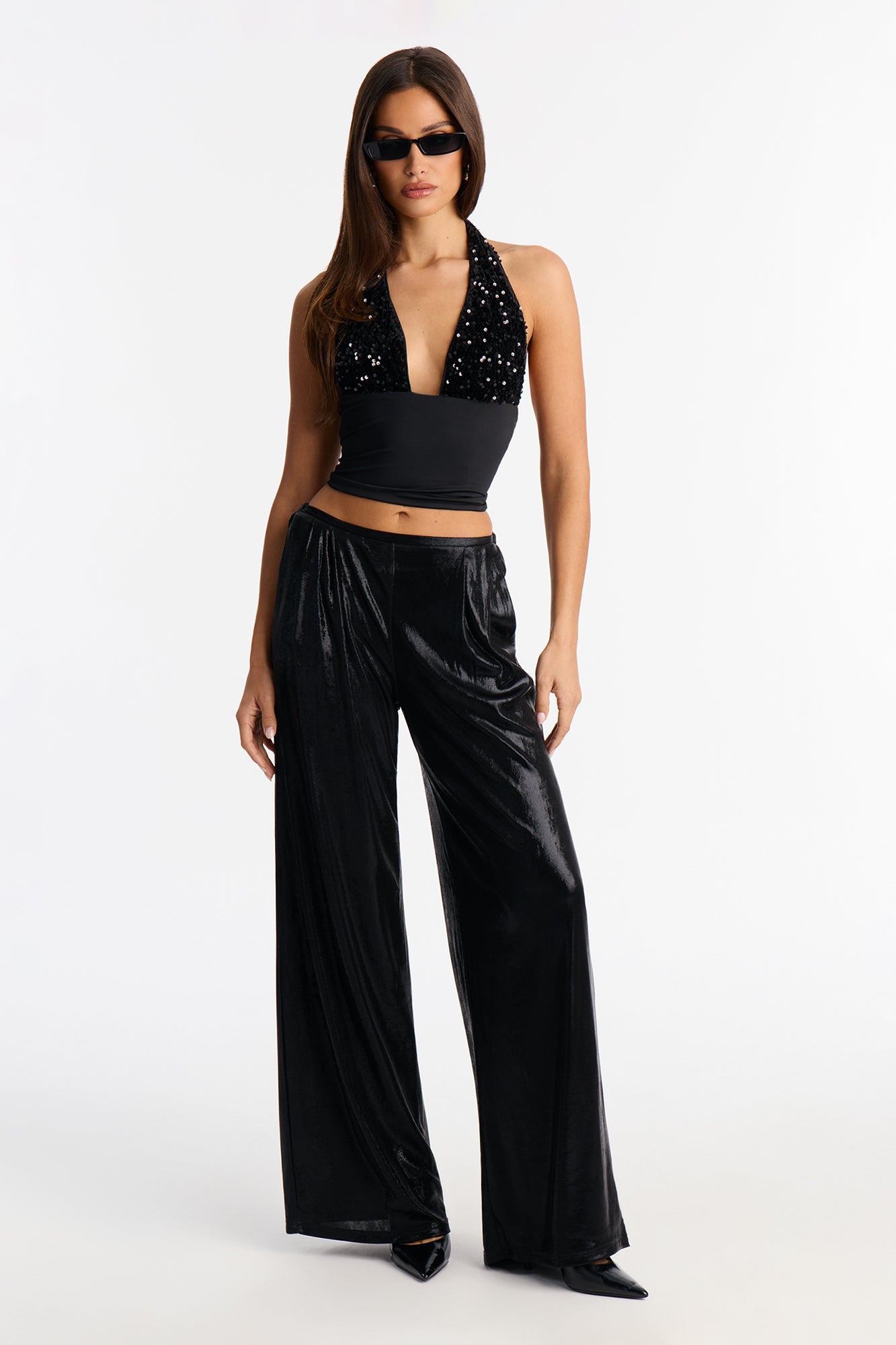 Luxe Aura Shimmer Wide Leg Pant 32″ - Black