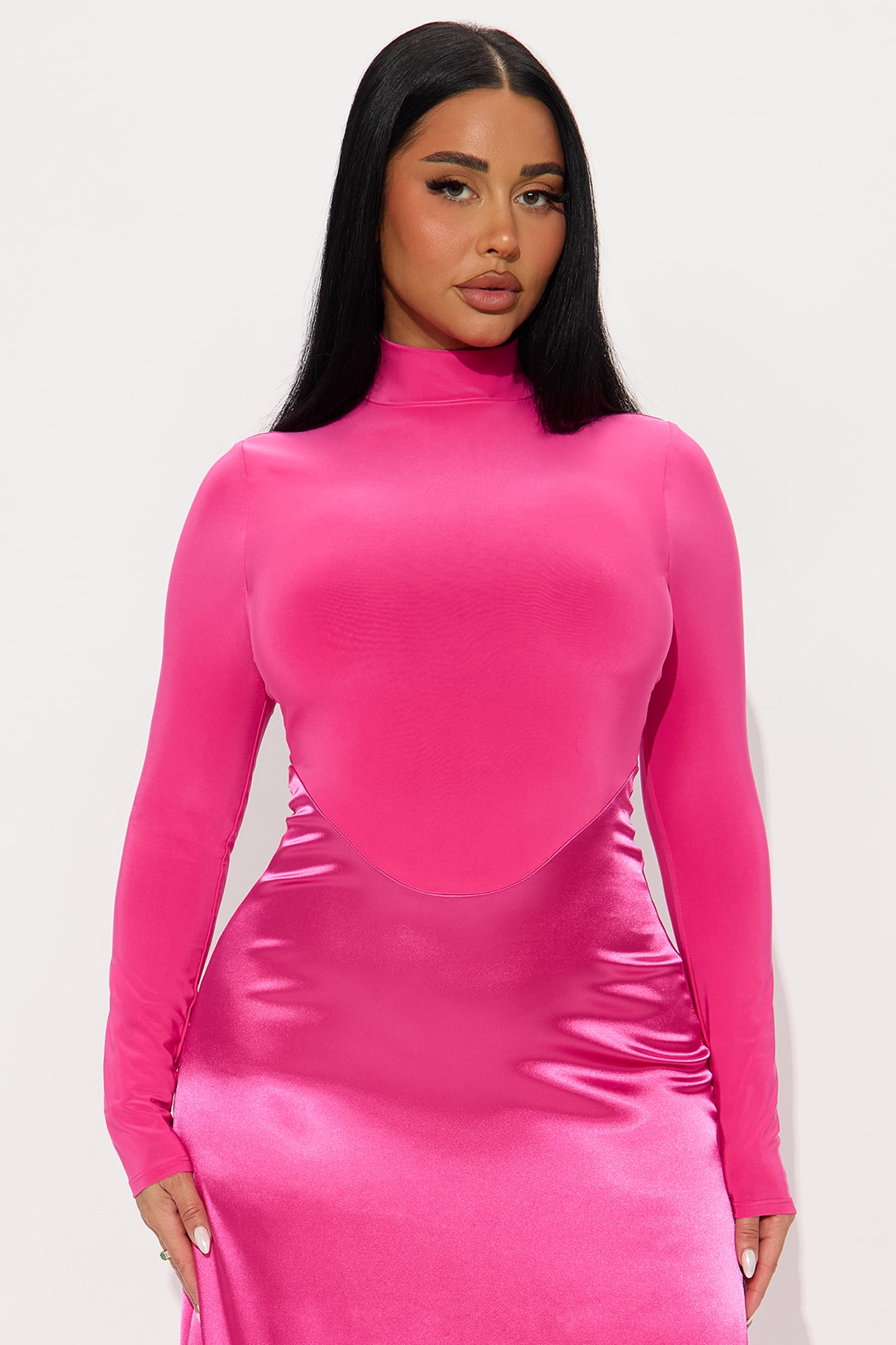 Angie Long Sleeve Satin Midi Dress - Fuchsia