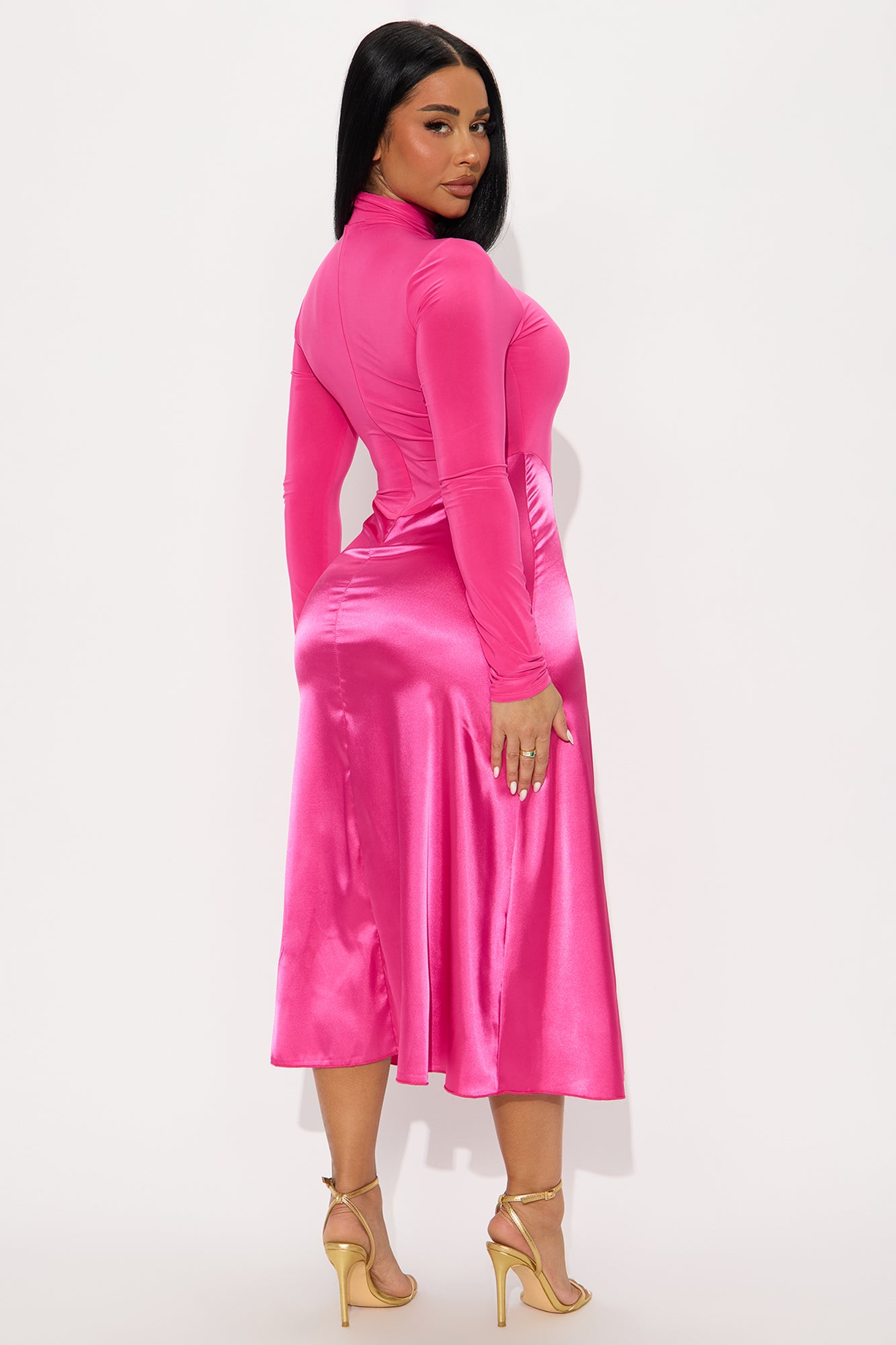 Angie Long Sleeve Satin Midi Dress - Fuchsia