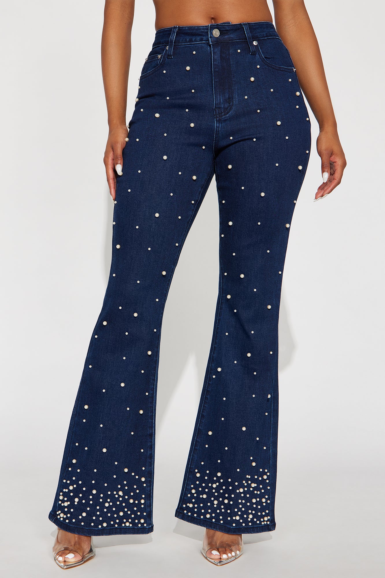 Clutch My Pearls Embellished Flare Leg Jeans - Dark Wash