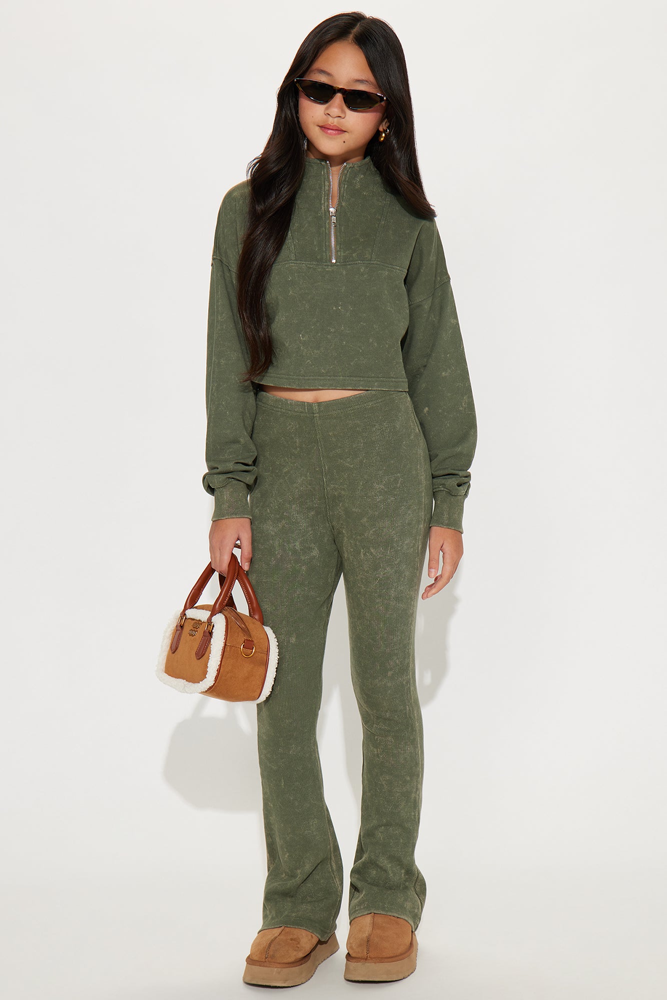 Mini Diana Quarter Zip Washed Ribbed Pant Set - Olive