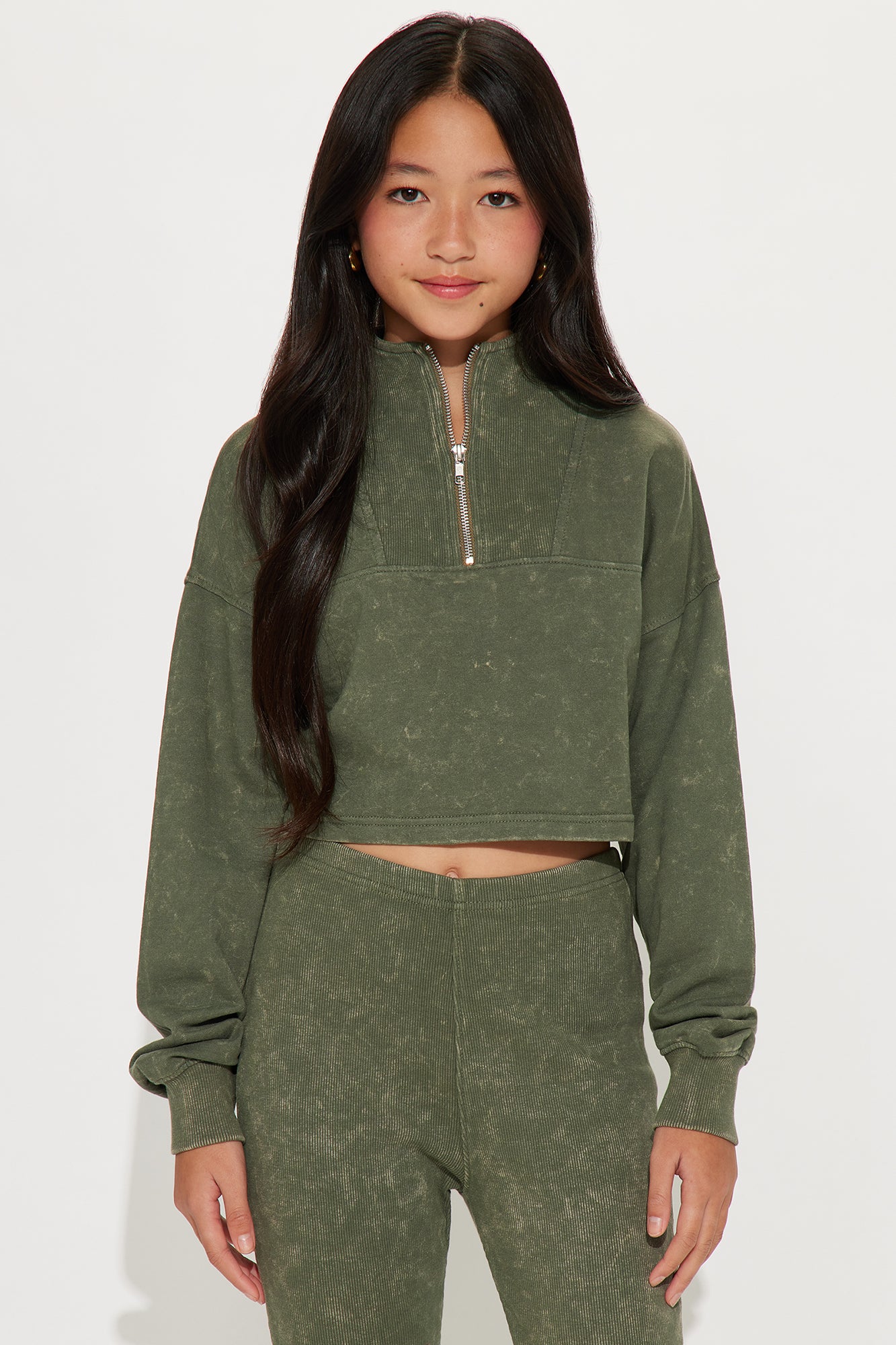 Mini Diana Quarter Zip Washed Ribbed Pant Set - Olive
