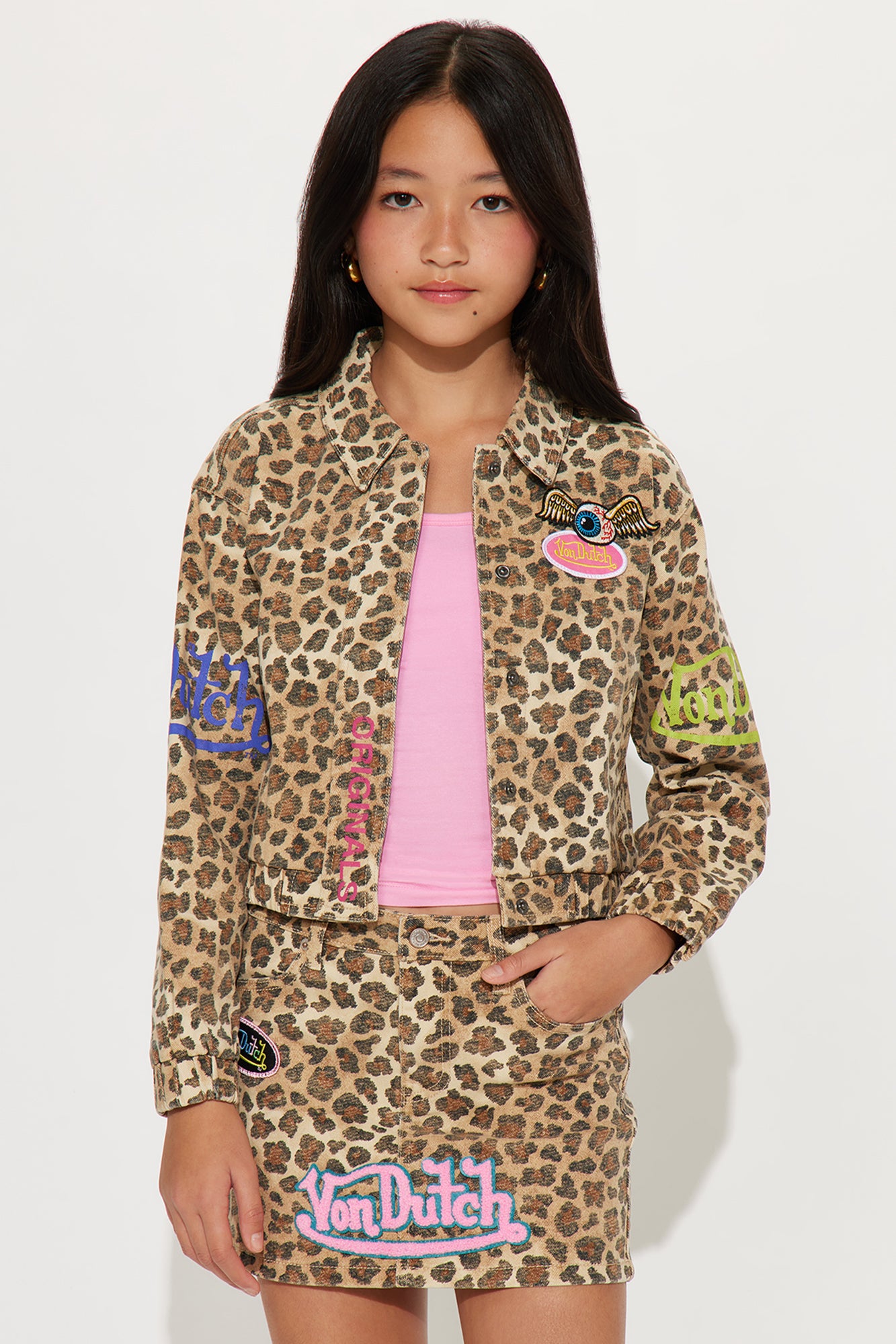 Mini Von Dutch Leopard Denim Bomber Jacket - Brown/combo