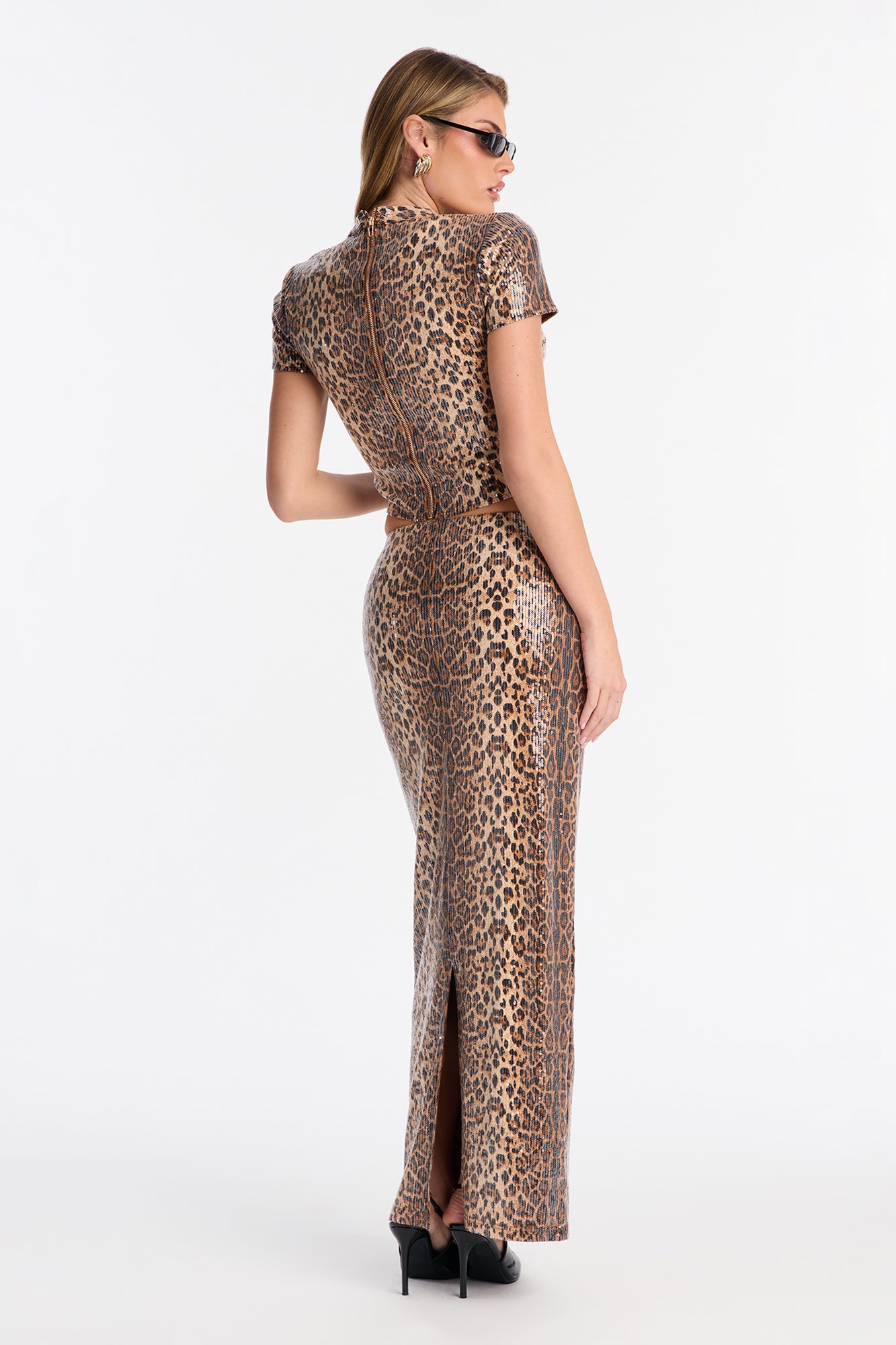 Set The Tone Leopard Sequin Maxi Skirt Set - Brown/combo