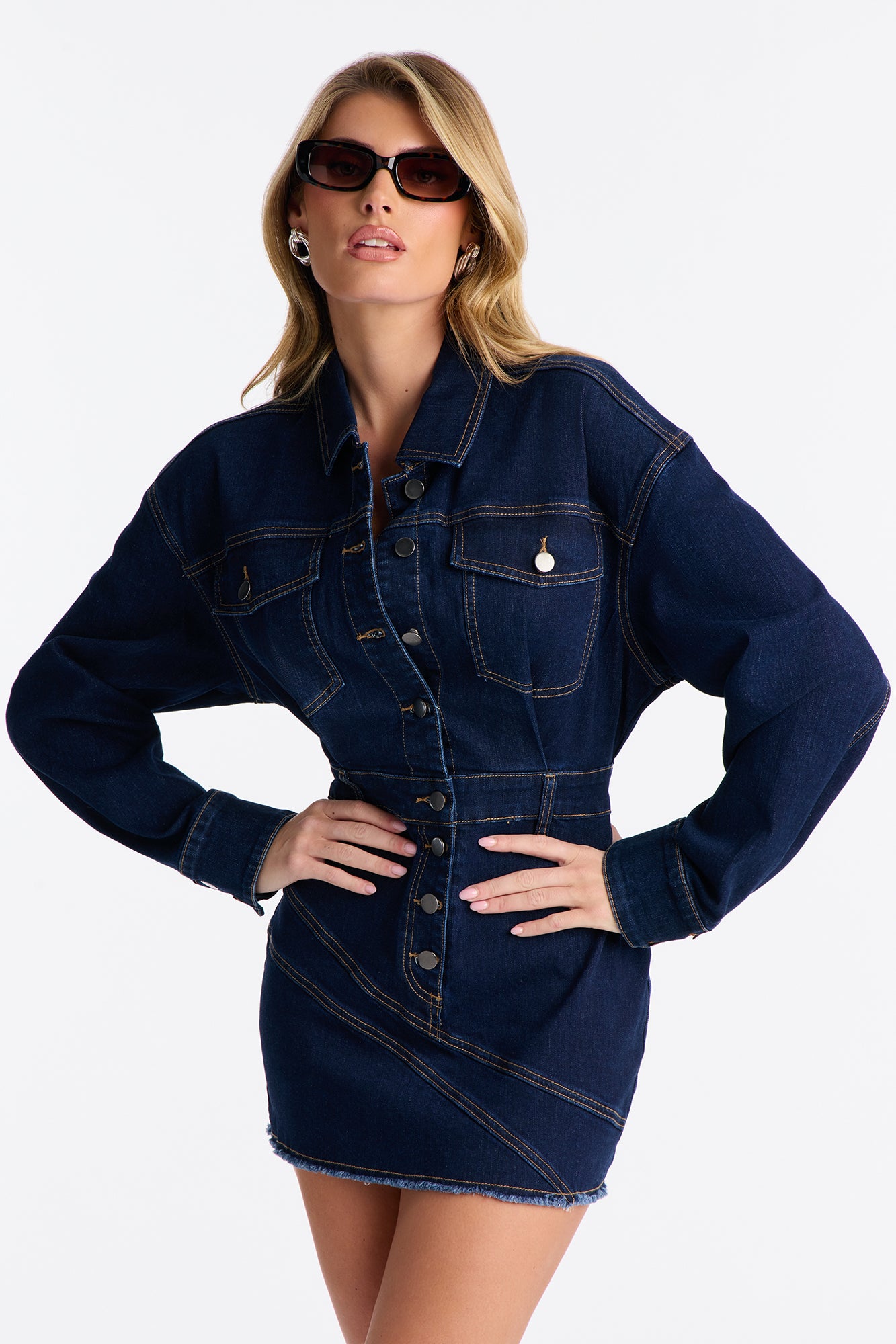 Jada Button Up Dark Denim Mini Dress - Dark Denim