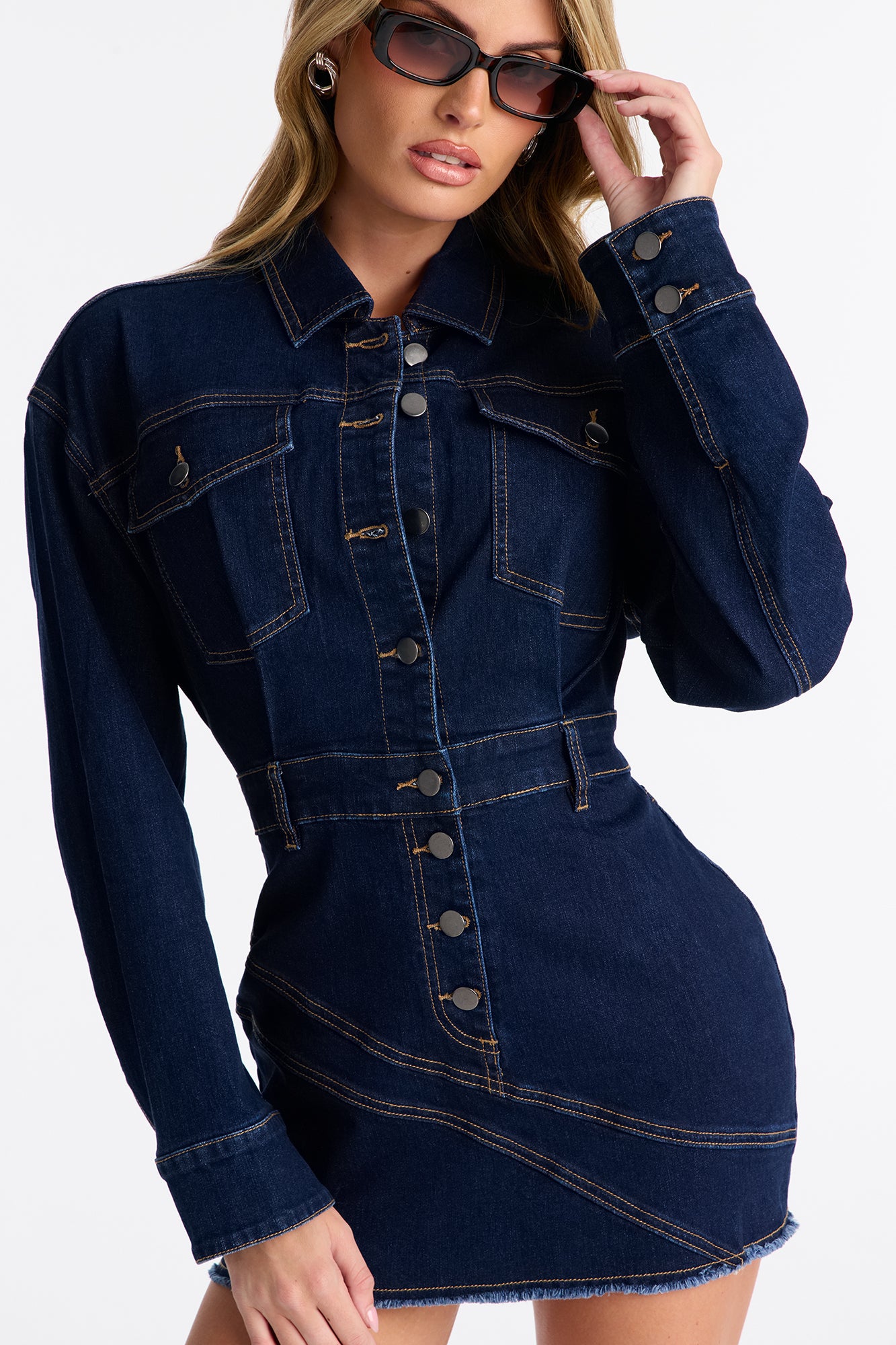 Jada Button Up Dark Denim Mini Dress - Dark Denim