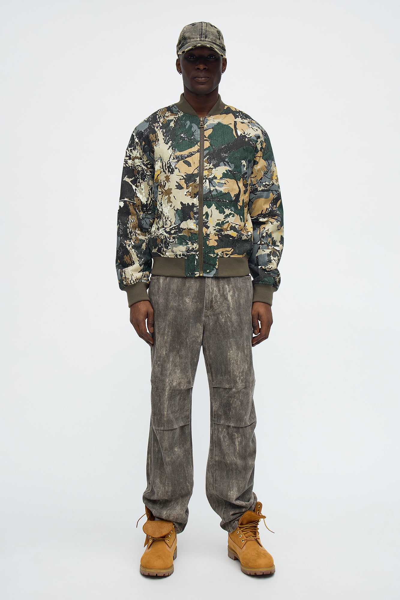 Relaxed Washed Abstract Camo Bomber Jacket - Camouflage