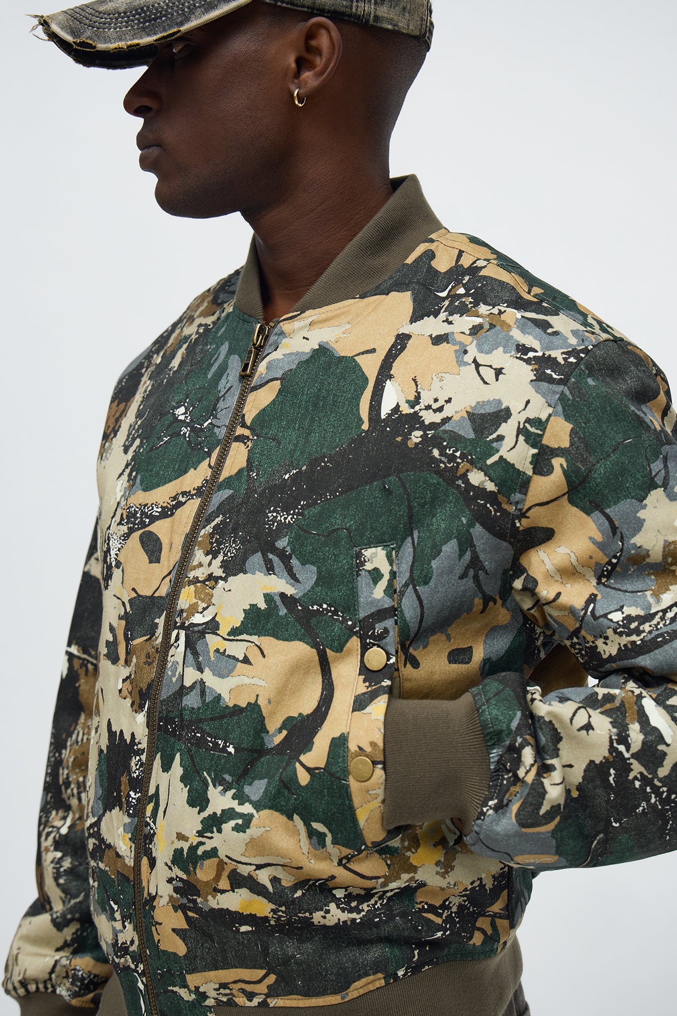 Relaxed Washed Abstract Camo Bomber Jacket - Camouflage