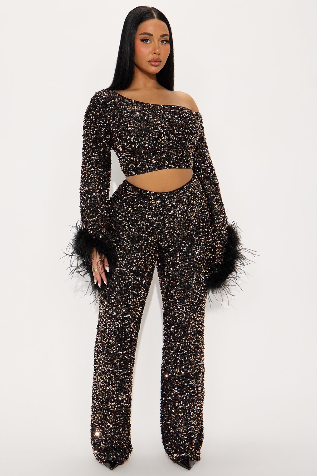 Shine All Night Feather Trim Sequin Pant Set - Chocolate