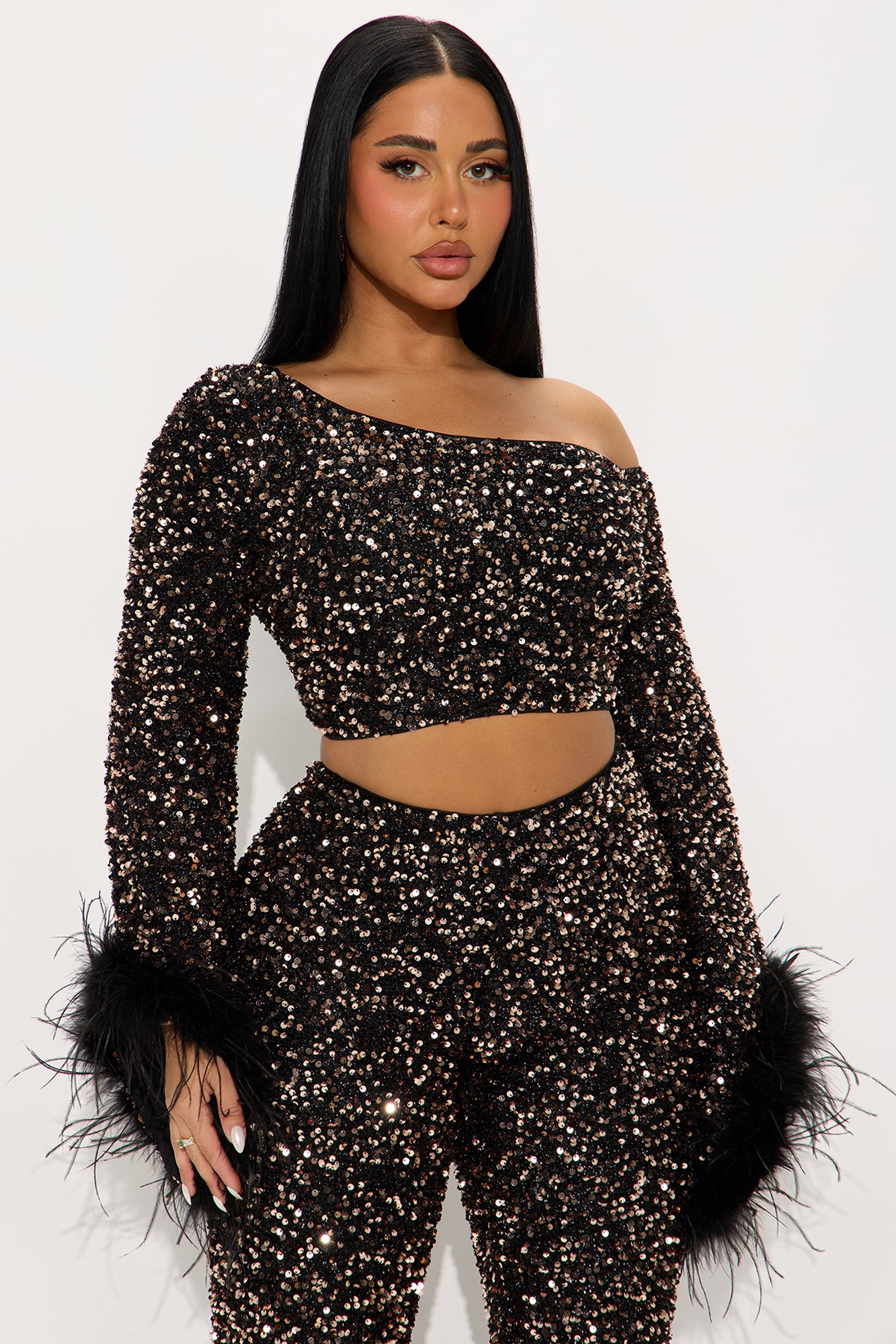Shine All Night Feather Trim Sequin Pant Set - Chocolate