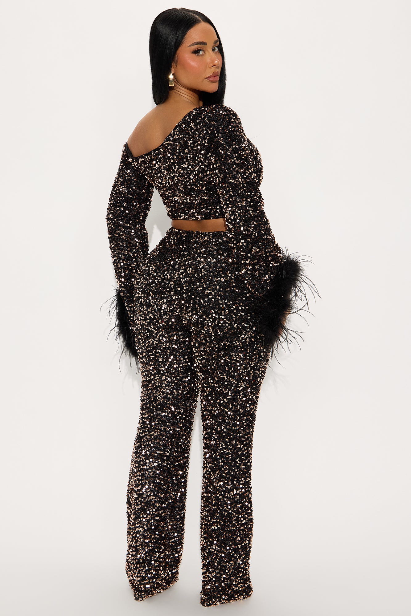 Shine All Night Feather Trim Sequin Pant Set - Chocolate